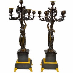 Pair of Napolean III Patinated Bronze Figural Candelabra