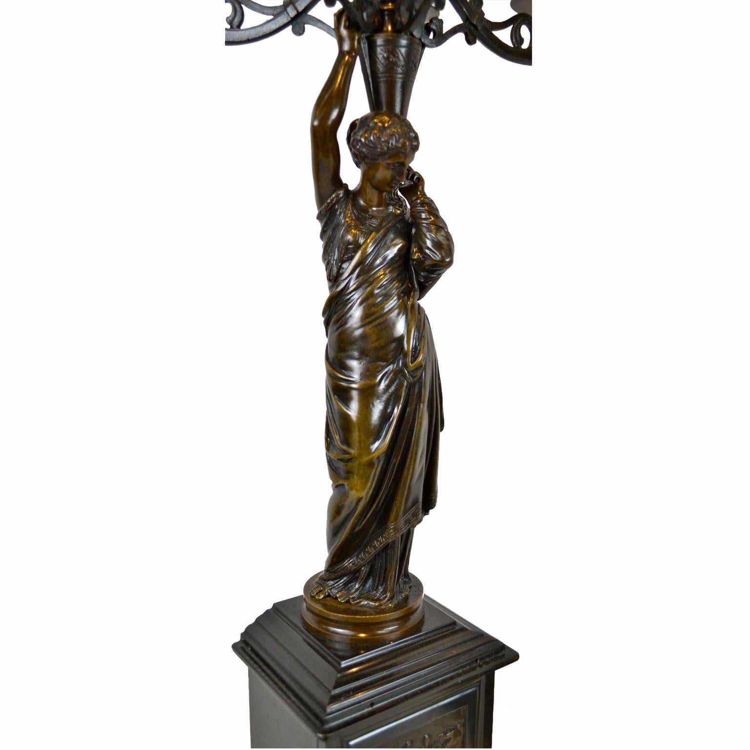 French Pair of Napolean III Patinated Bronze Figural Candelabra For Sale
