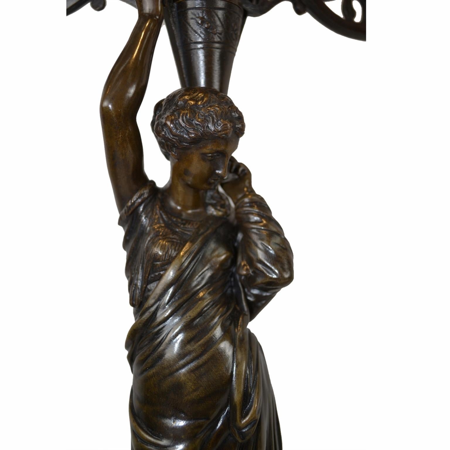 Pair of Napolean III Patinated Bronze Figural Candelabra In Good Condition For Sale In Vancouver, British Columbia