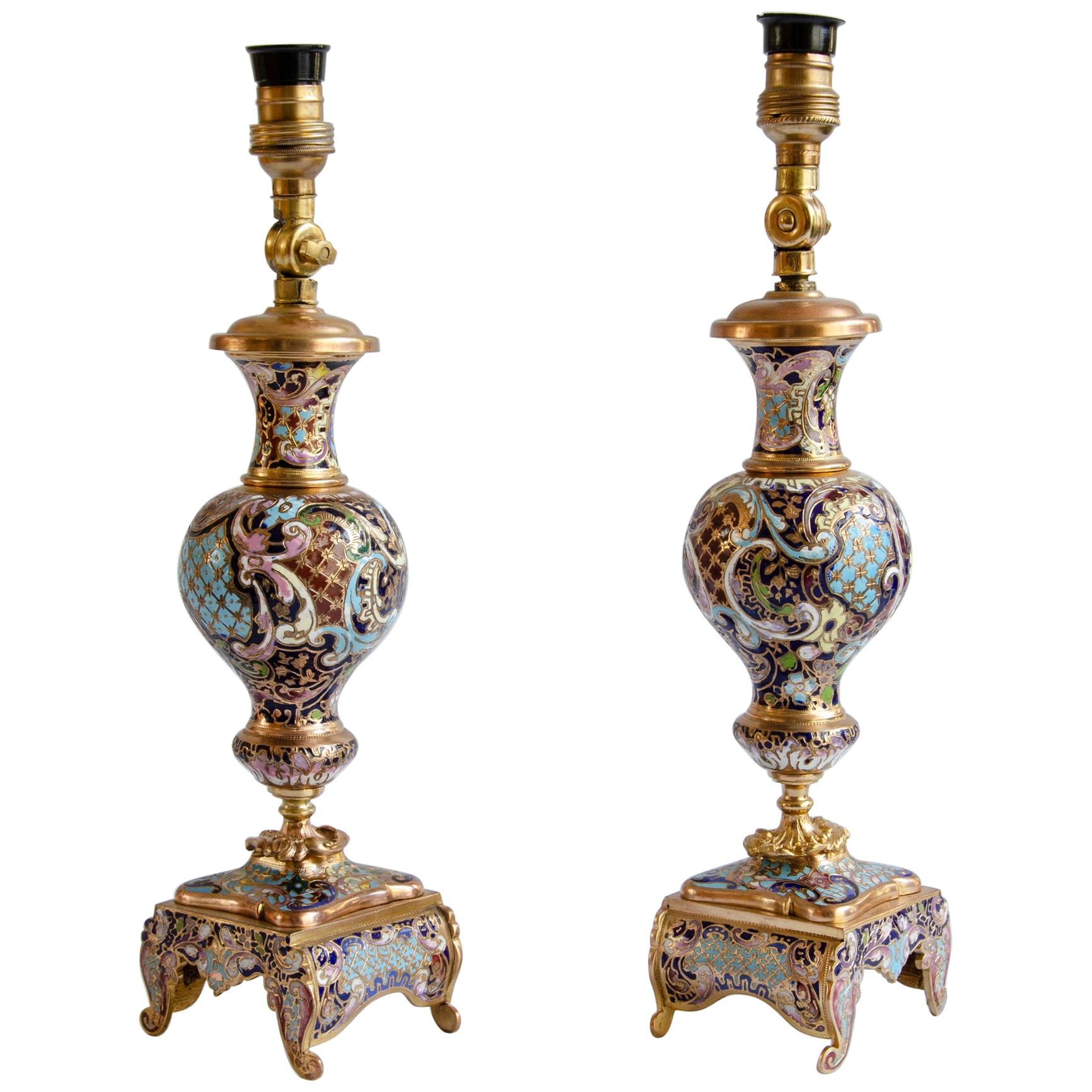 Pair of Napoleon III Champleve Lamps For Sale