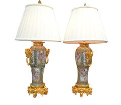 Pair of Napoleon III Chinese Famille Rose and Gilt Bronze Vase Lamps