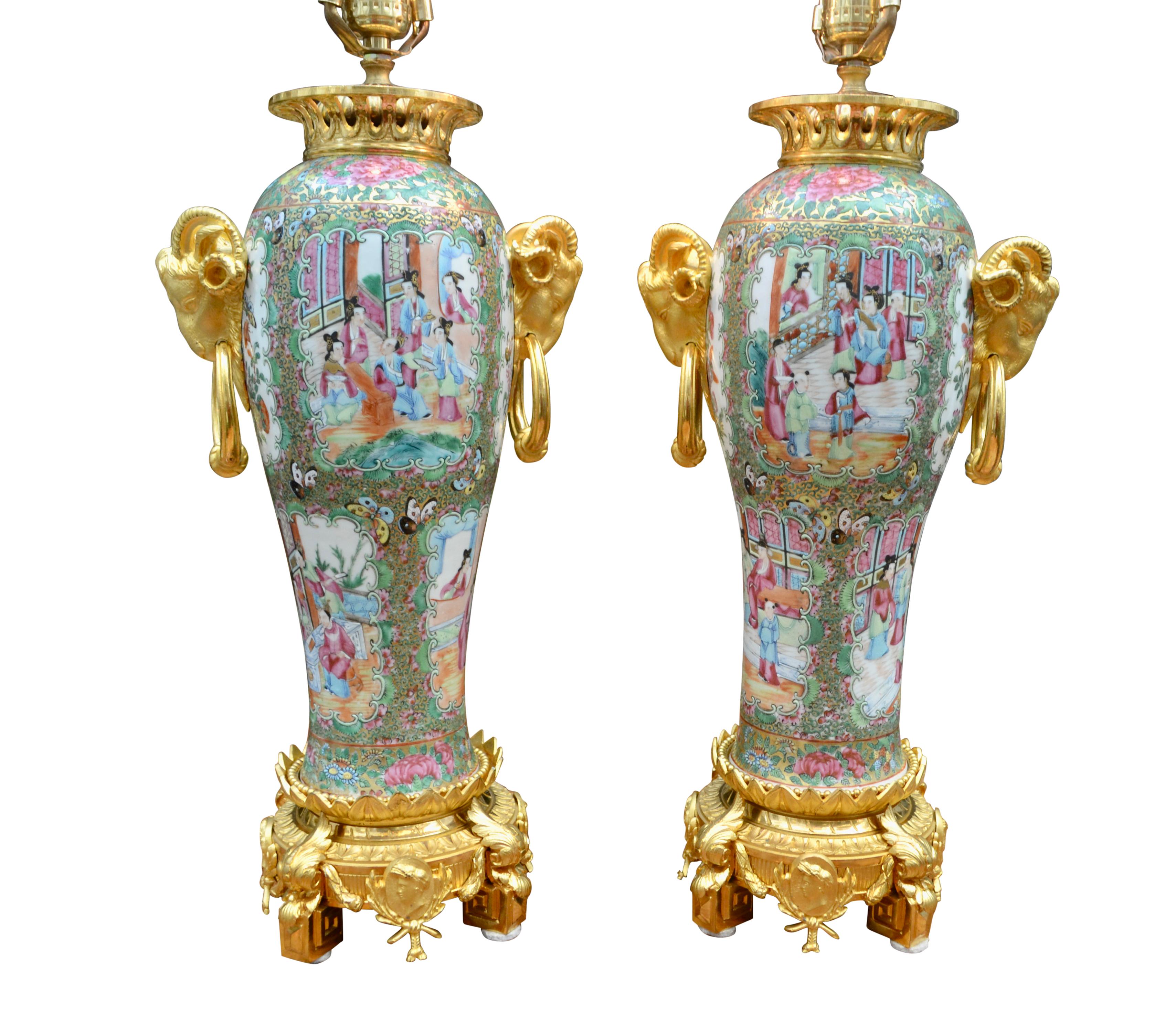 French Pair of Napoleon III Chinese Famille Rose and Gilt Bronze Vase Lamps
