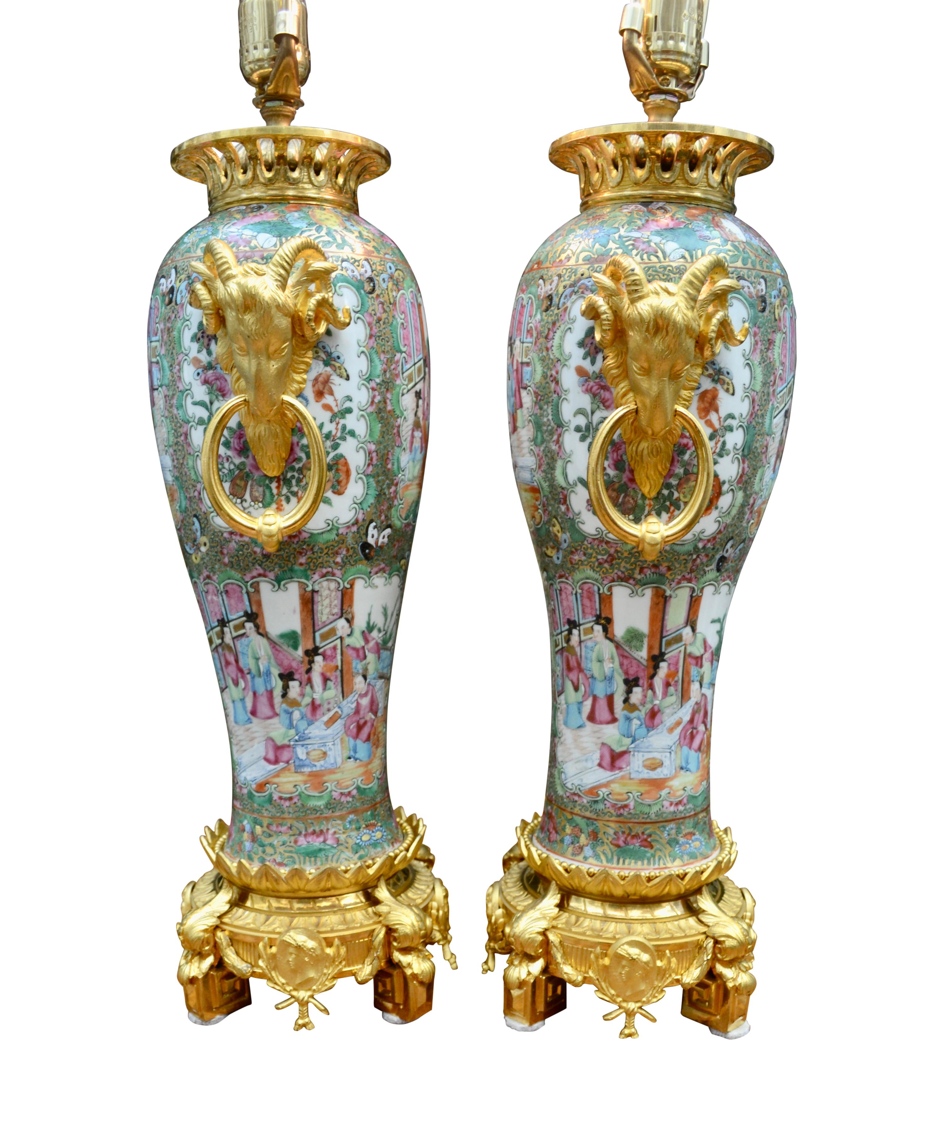 19th Century Pair of Napoleon III Chinese Famille Rose and Gilt Bronze Vase Lamps
