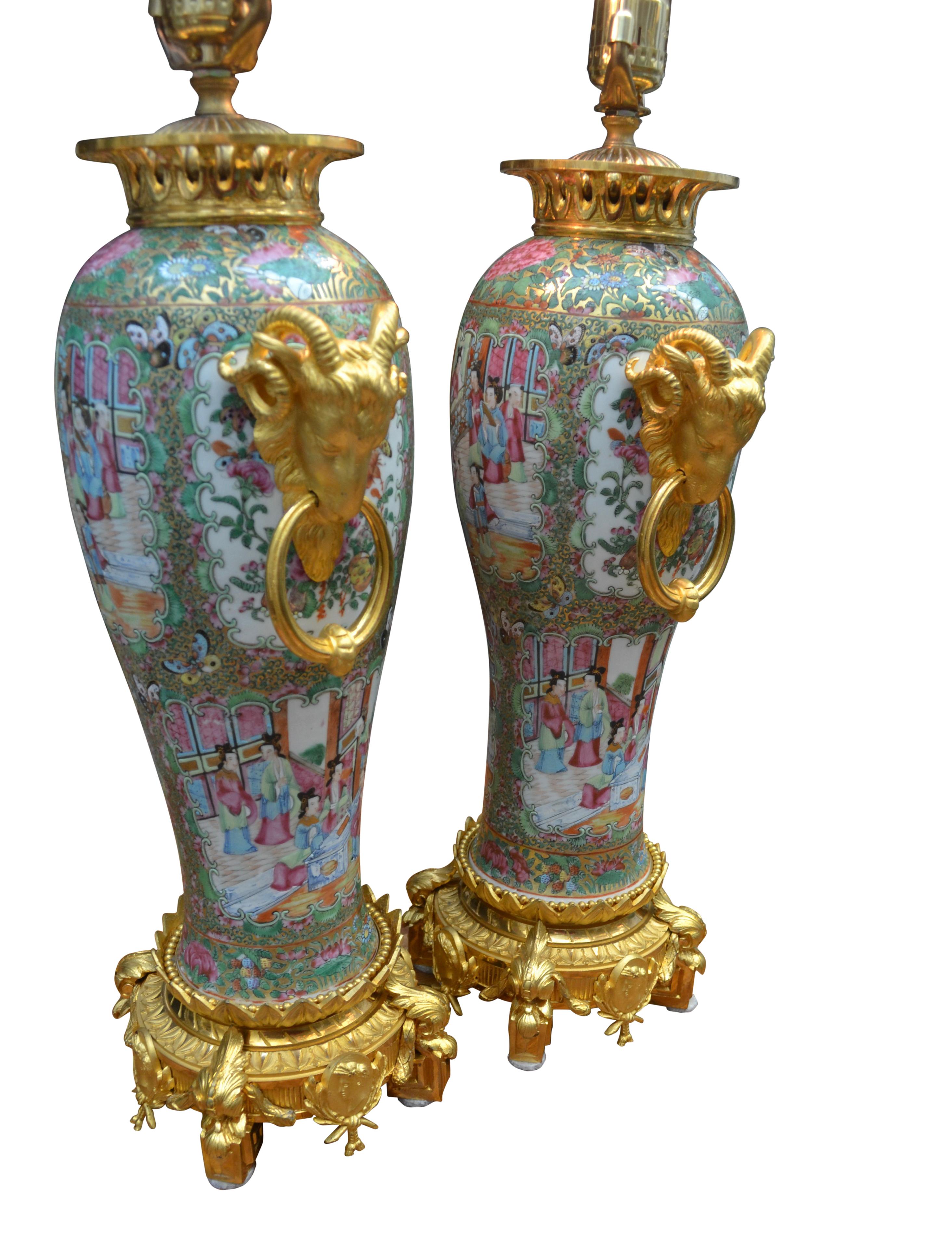 Pair of Napoleon III Chinese Famille Rose and Gilt Bronze Vase Lamps 1