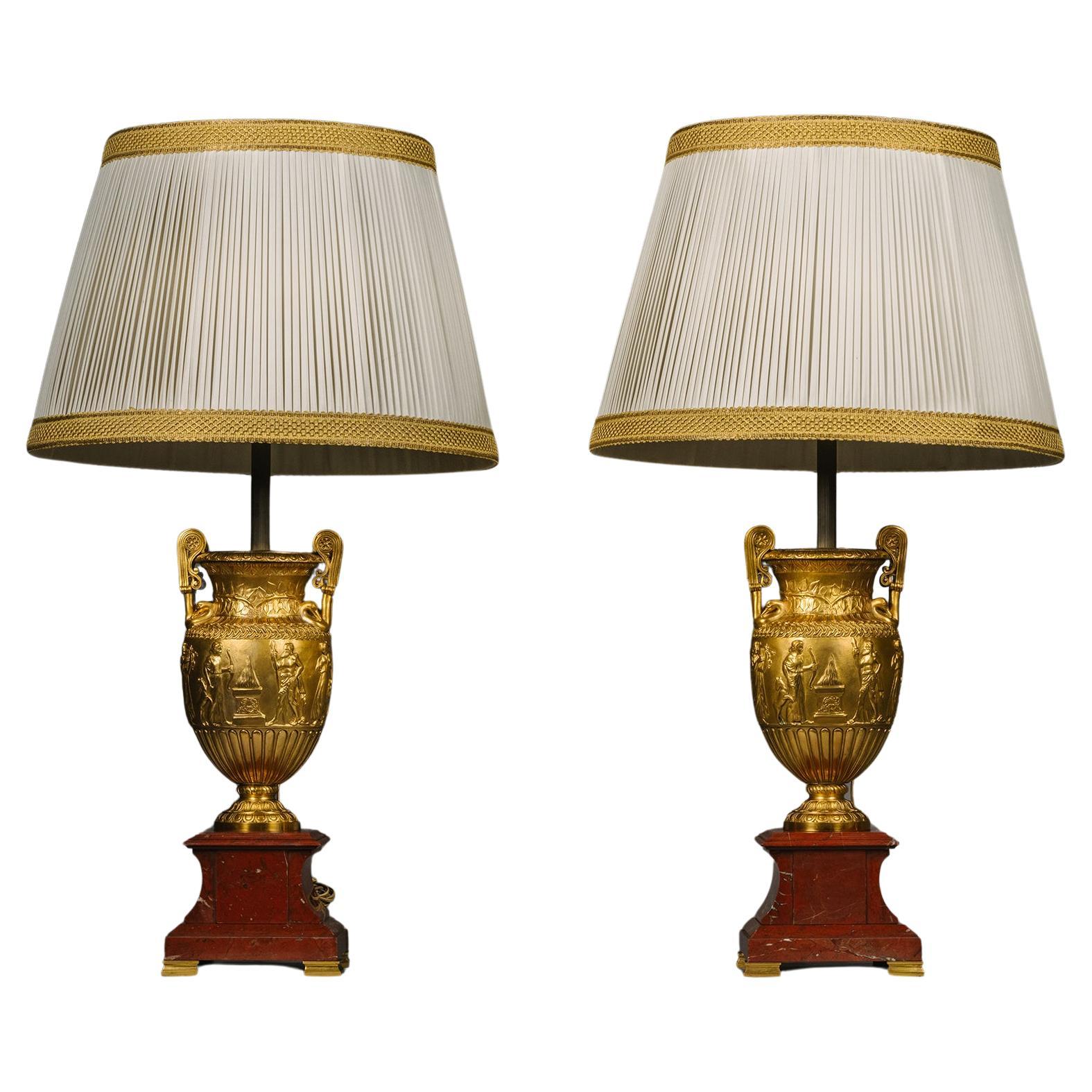A Pair of Napoleon III Gilt-Bronze Neoclassical Vases, Fitted As Lamps