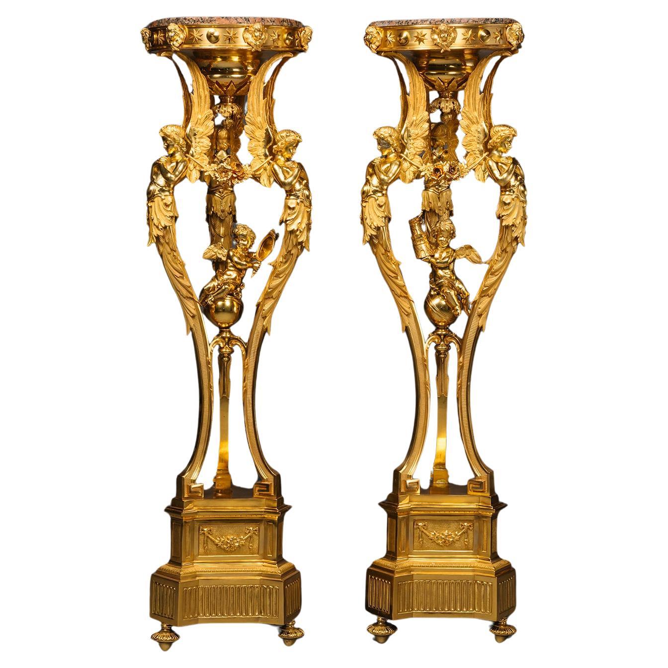 Pareja de pedestales de bronce dorado Napoléon III en venta