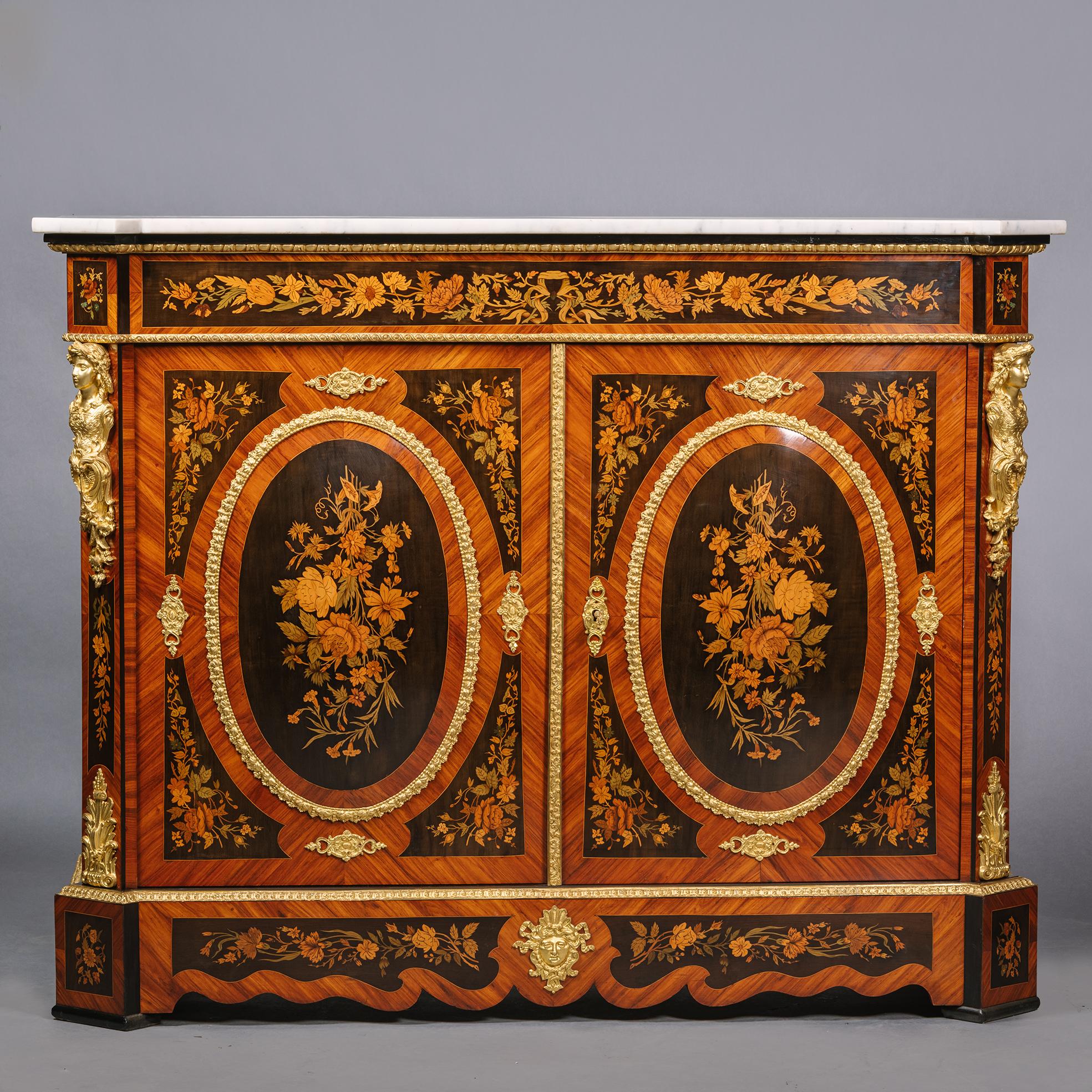 French Pair of Napoleon III Ormolu-Mounted Marquetry Side Cabinets For Sale