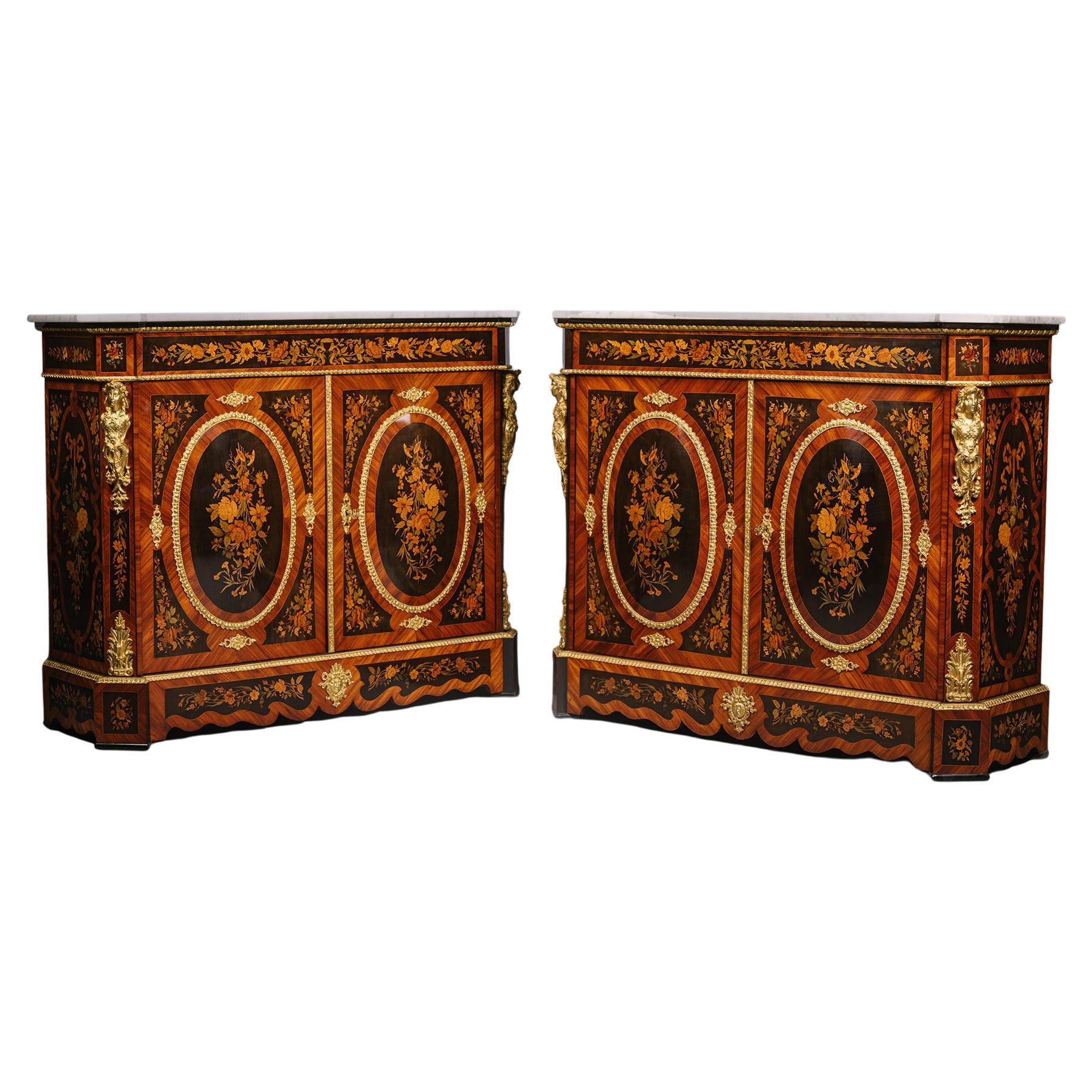 Pair of Napoleon III Ormolu-Mounted Marquetry Side Cabinets For Sale