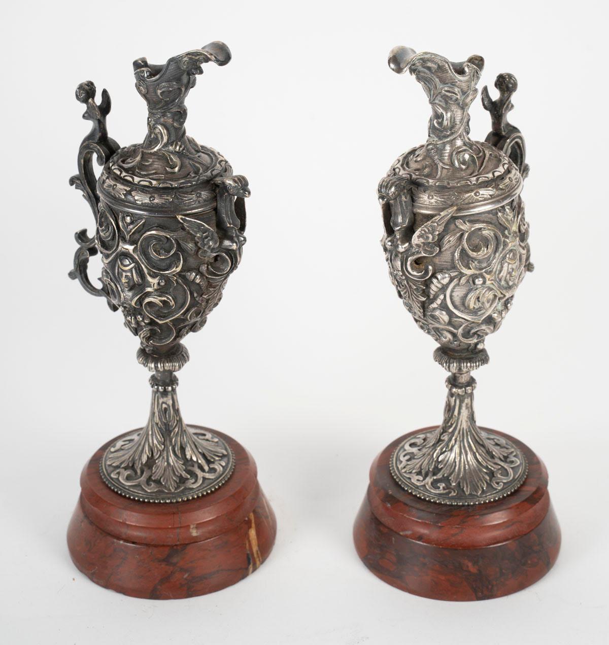 19th Century A pair of Napoleon III Period Silvered Bronze Ewers with Griotte Marble Bases. For Sale
