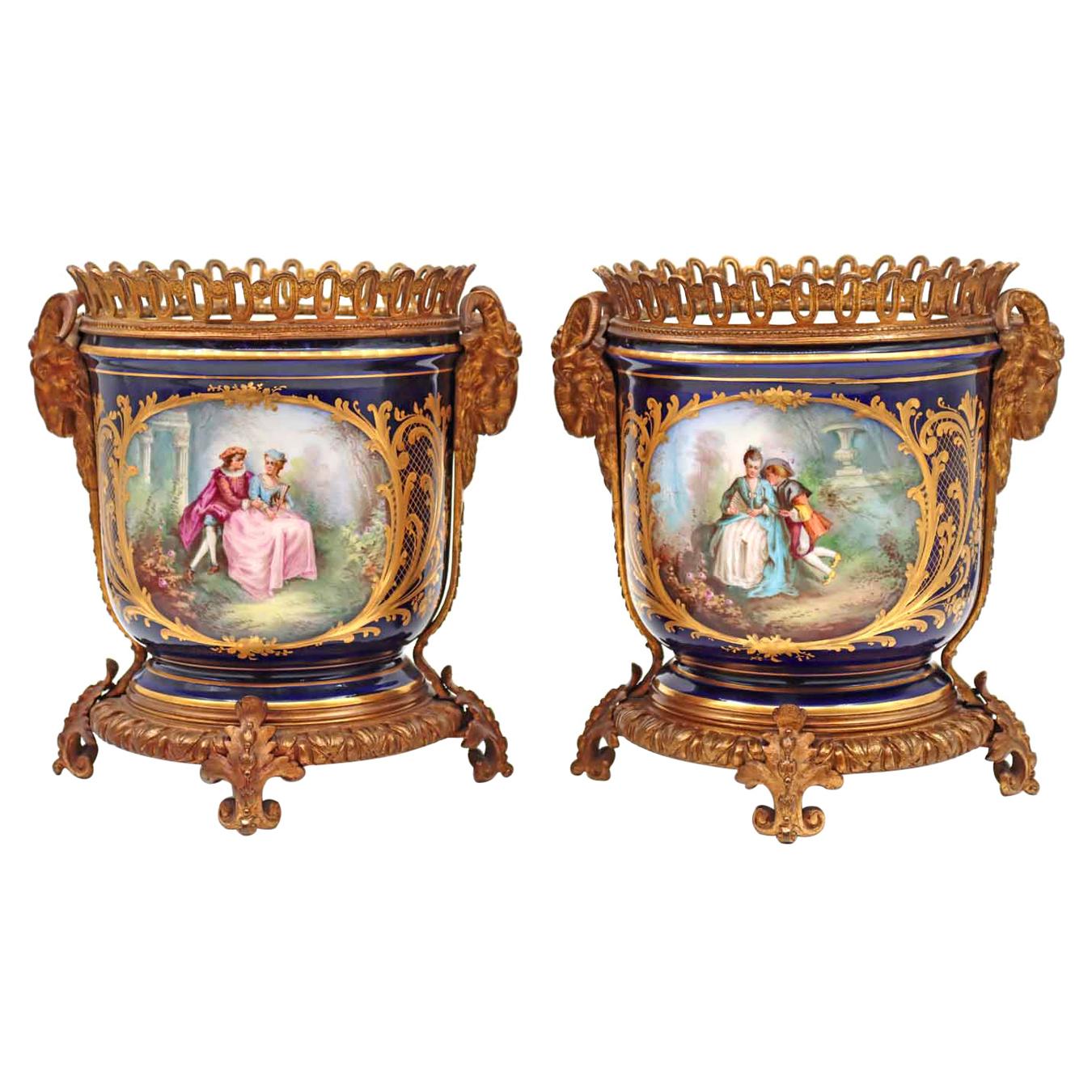 Pair of Napoleon III Porcelain and Gilt Bronze Planters