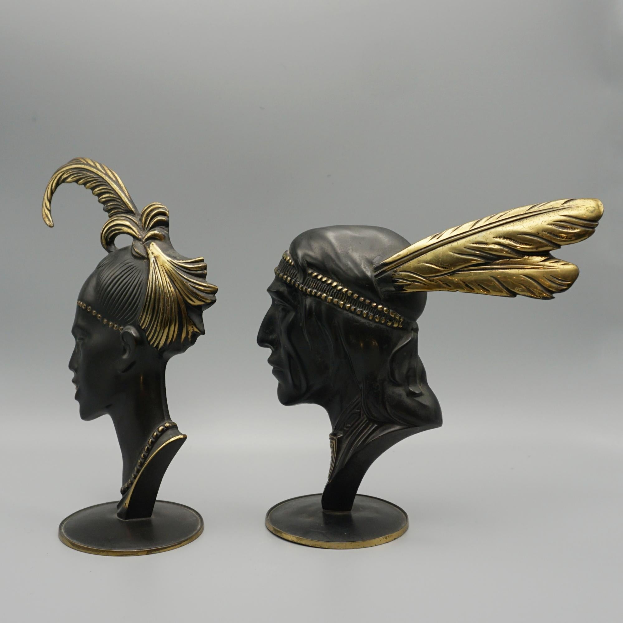 A Pair of Native American Bronze Busts Attributed to Richard Rohac In Good Condition For Sale In Forest Row, East Sussex