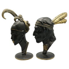 Vintage A Pair of Native American Bronze Busts Attributed to Richard Rohac