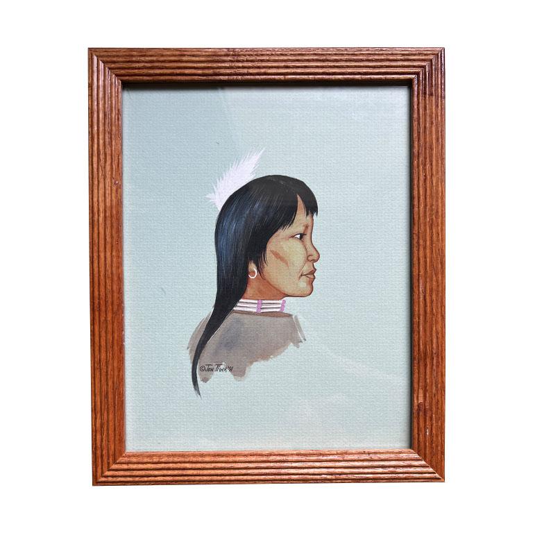 A pair of Native American Framed Paintings of Man and Woman - Signed Jon Tiger In Good Condition For Sale In Oklahoma City, OK