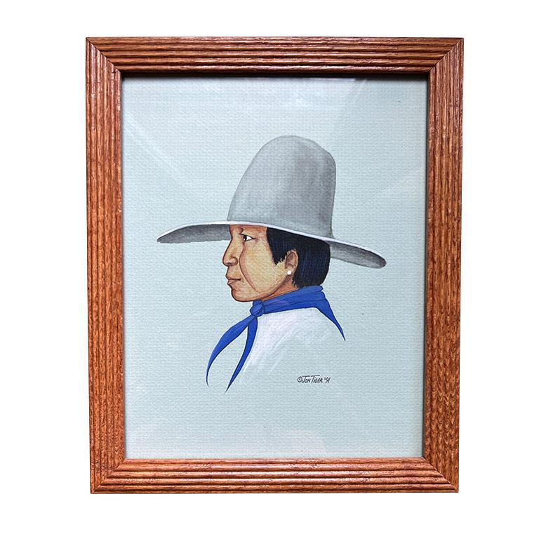 20th Century A pair of Native American Framed Paintings of Man and Woman - Signed Jon Tiger For Sale