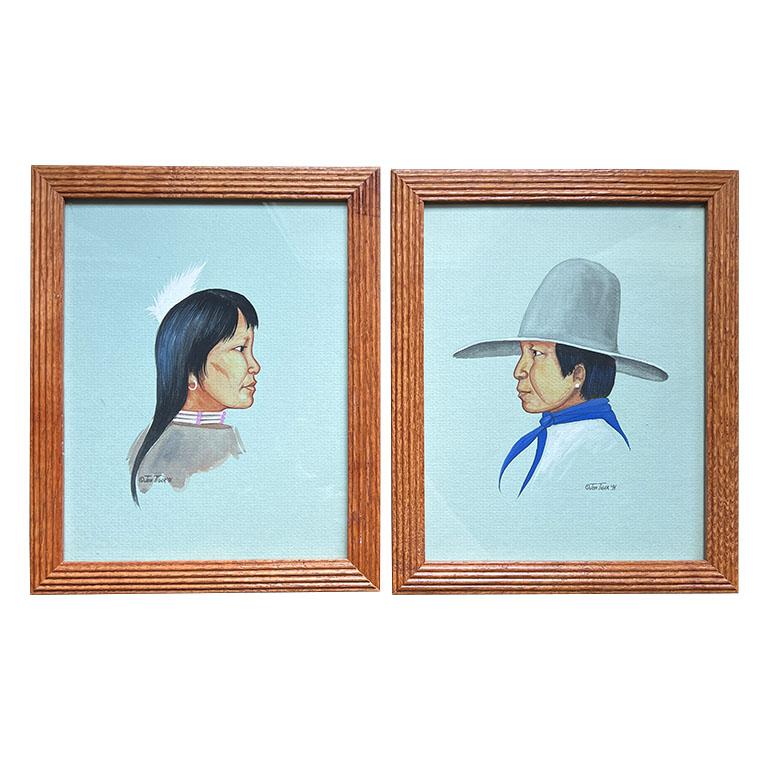 A pair of Native American Framed Paintings of Man and Woman - Signed Jon Tiger For Sale 2