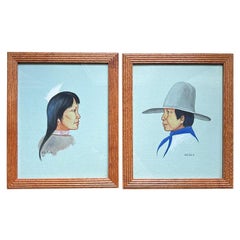 Vintage A pair of Native American Framed Paintings of Man and Woman - Signed Jon Tiger
