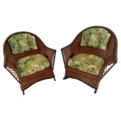 Pair of Natural, Close Woven Wicker Rocker and Chair with Diamond Decoration