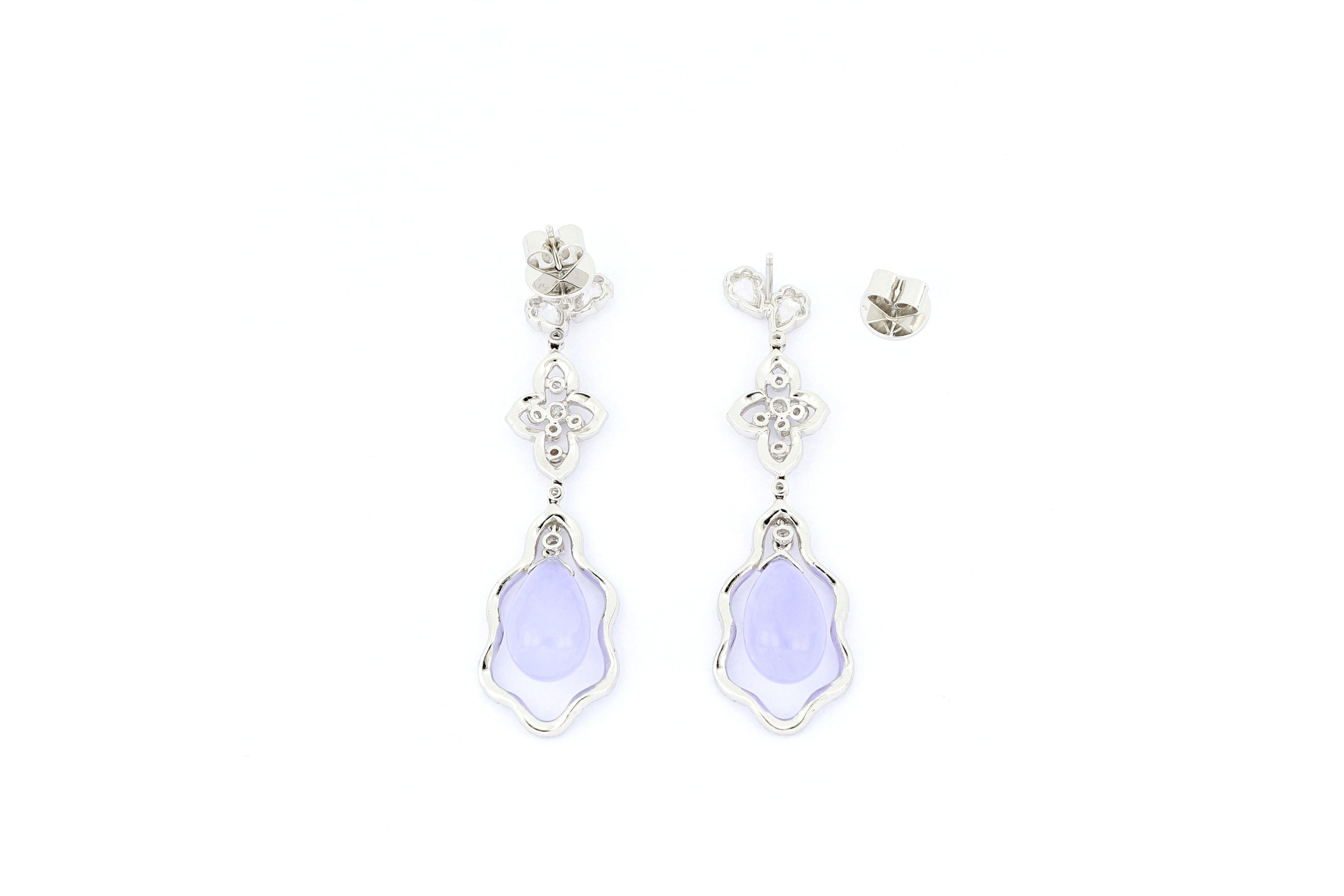 Contemporary Pair of Natural Lavender Jadeite and Diamond Earrings in 18 Karat White Gold For Sale