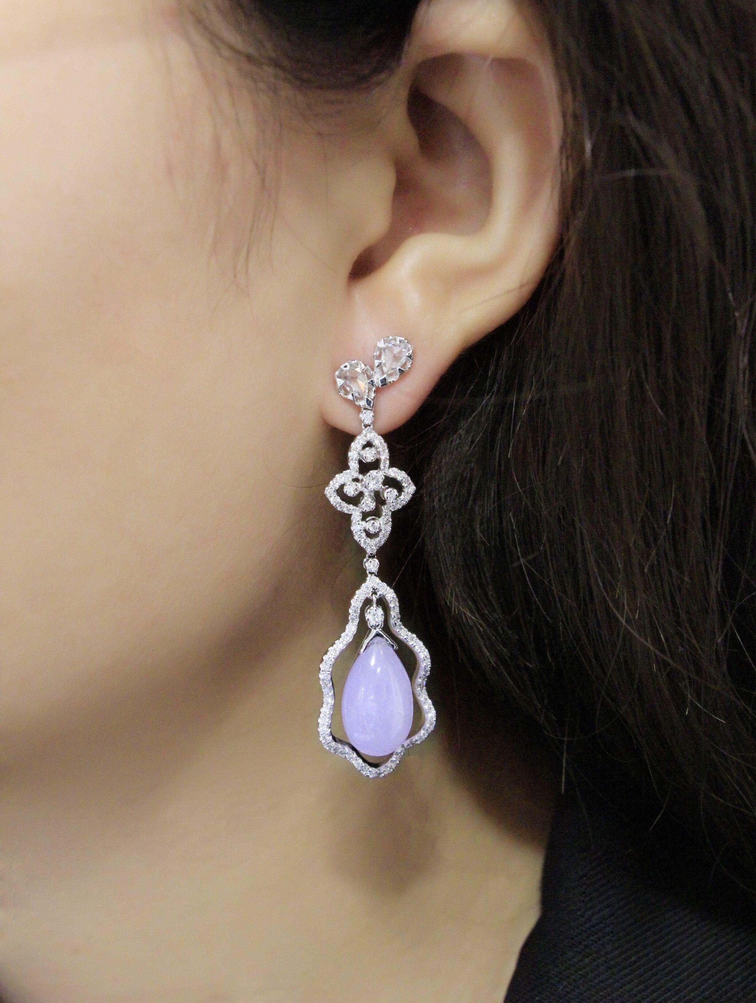 Women's Pair of Natural Lavender Jadeite and Diamond Earrings in 18 Karat White Gold For Sale