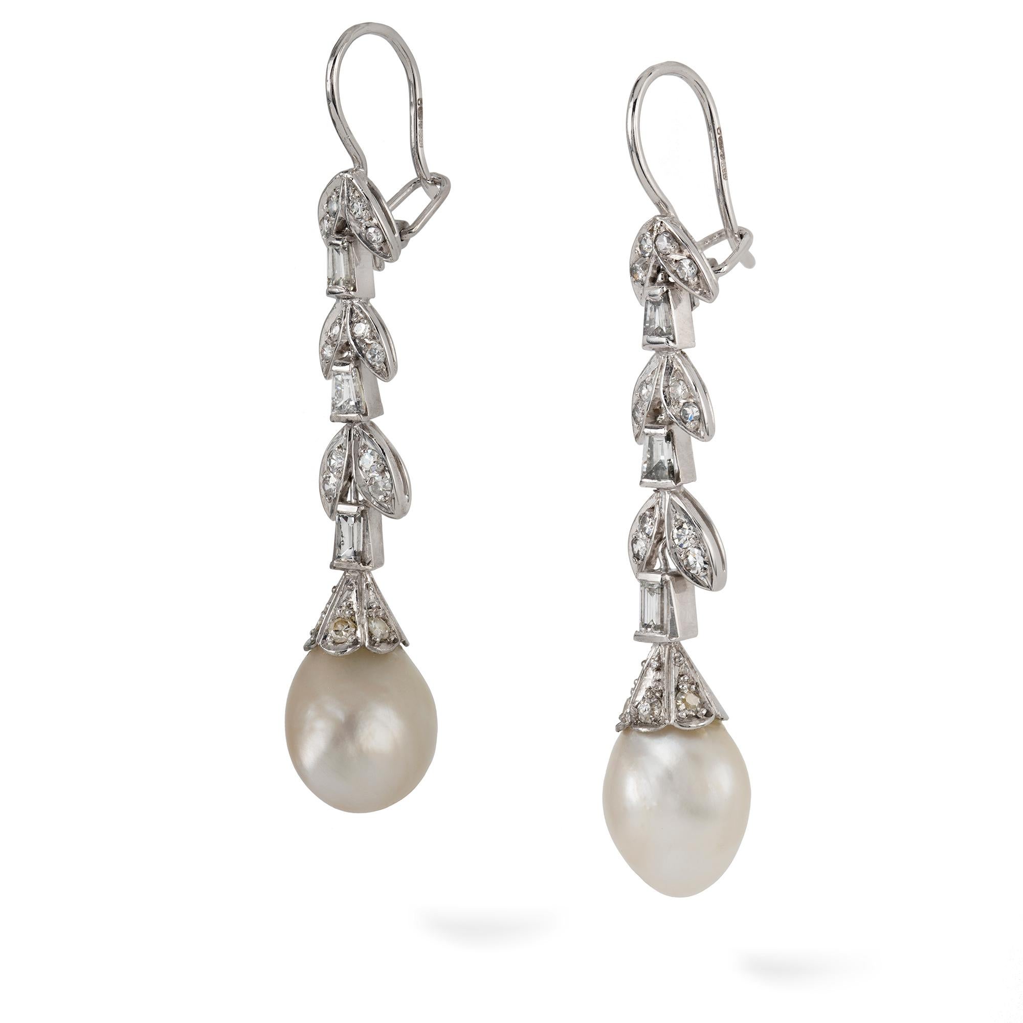 A pair of natural pearl and diamond drop earrings, the two pearls accompanied by Gem & Pearl Lab Report stating to be natural of saltwater origin, each with a diamond-set cap, suspended by a run of tapered baguette diamonds and foliate designed