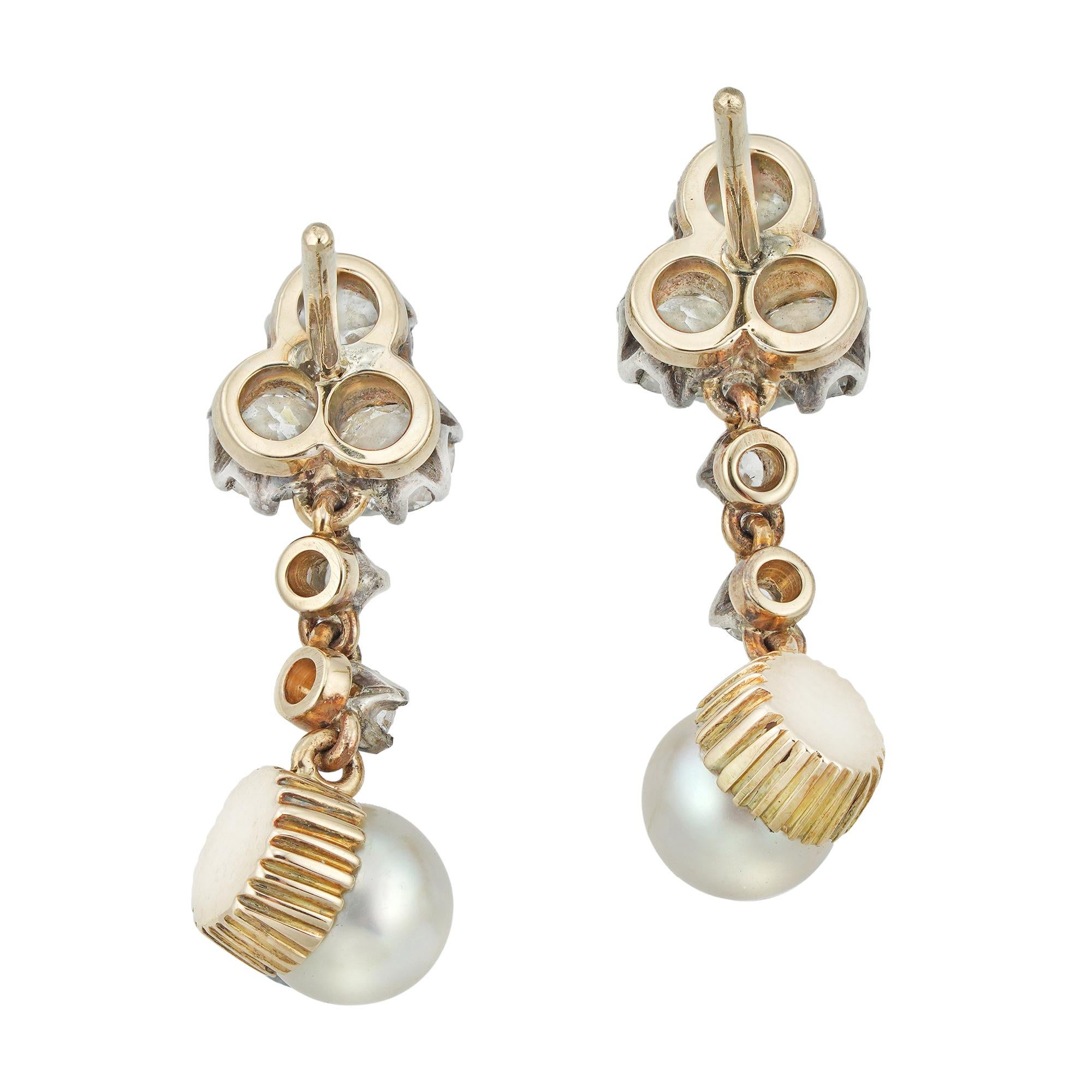 Late Victorian Pair of Natural Pearl and Diamond Drop Earrings