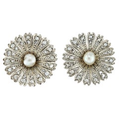 Antique Pair of Natural Pearl and Diamond Flower Earrings