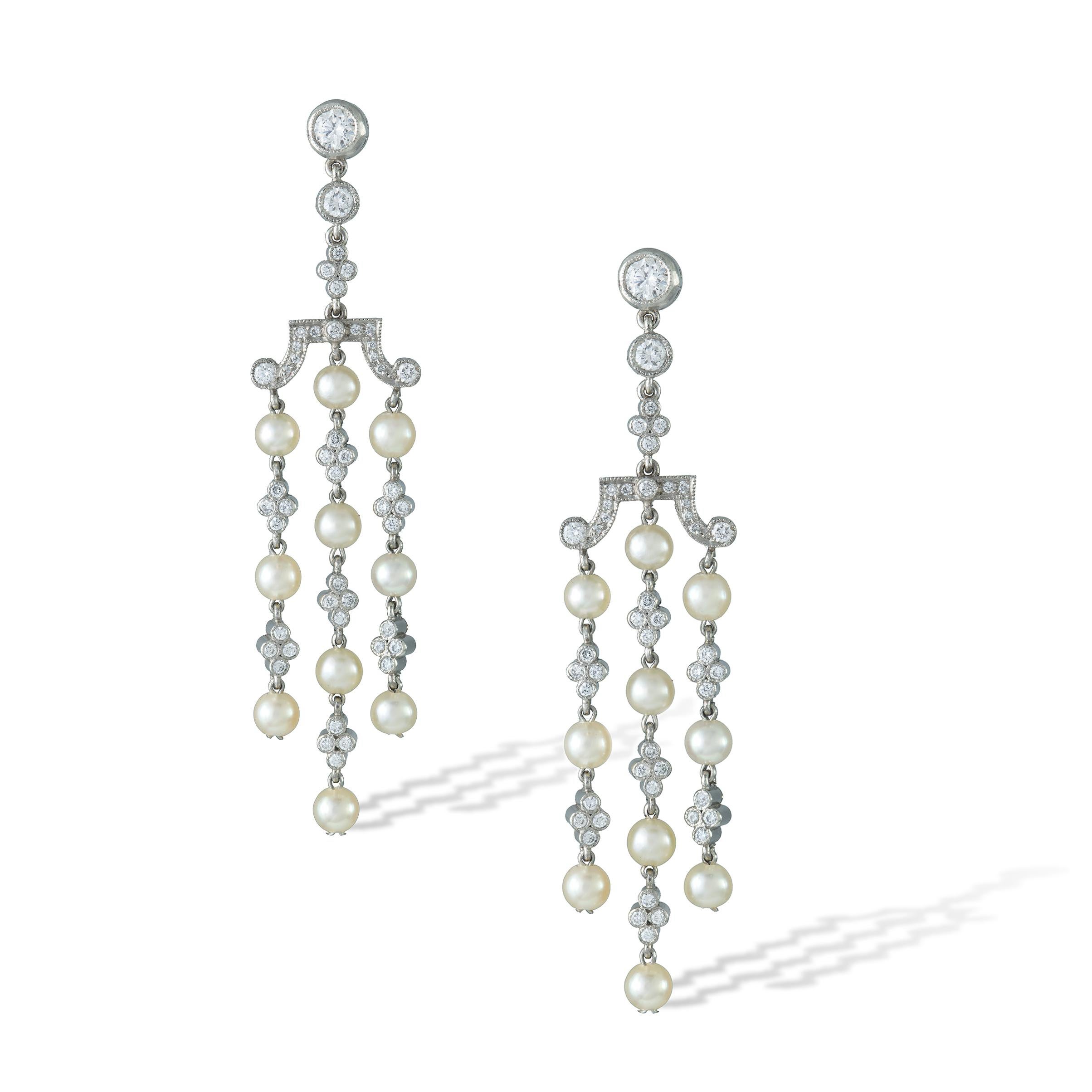 Modern Pair of Natural Pearl and Diamond Tassel Drop Earrings For Sale