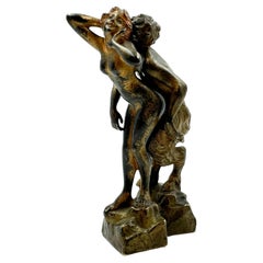 Antique Pair of Naughty Vienna Bronzes of a Nymph and a Satyr