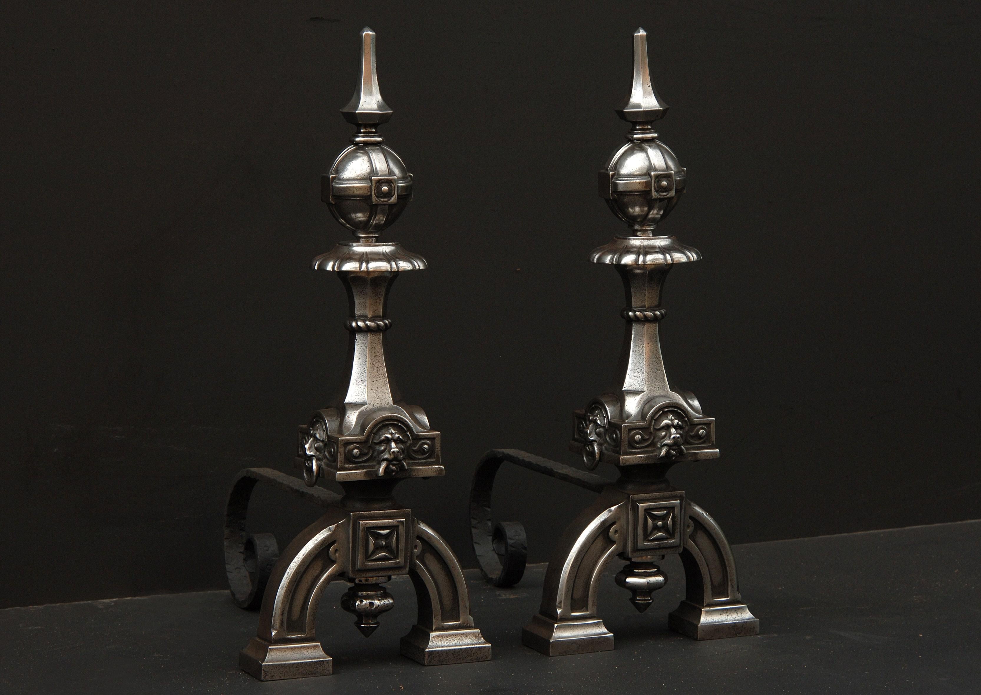 19th Century Pair of Neo Gothic Steel Firedogs For Sale