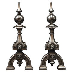 Antique Pair of Neo Gothic Steel Firedogs