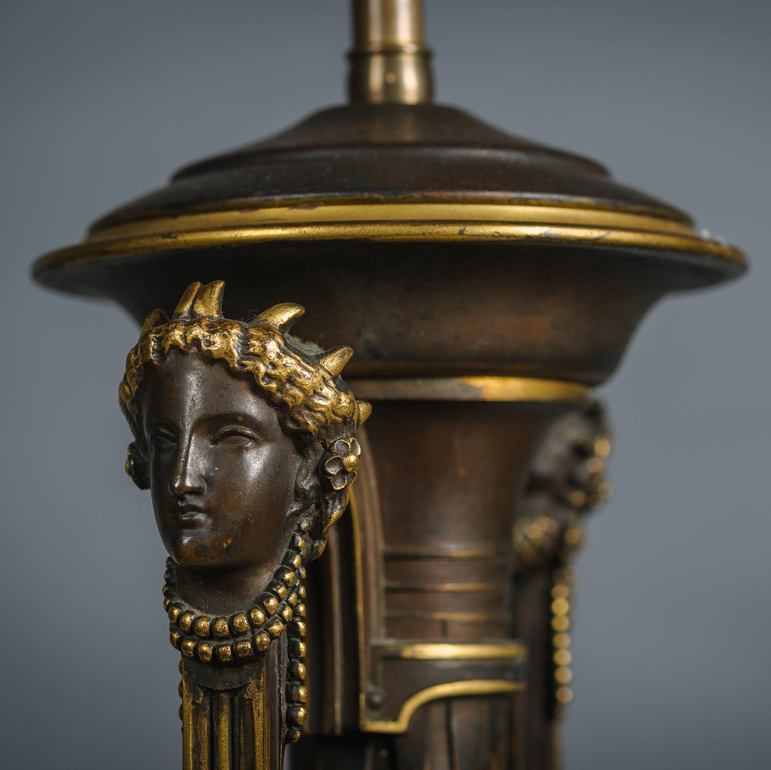 Neoclassical A Pair of Néo-Grec Parcel-Gilt Patinated Bronze Vases Mounted as Lamps For Sale