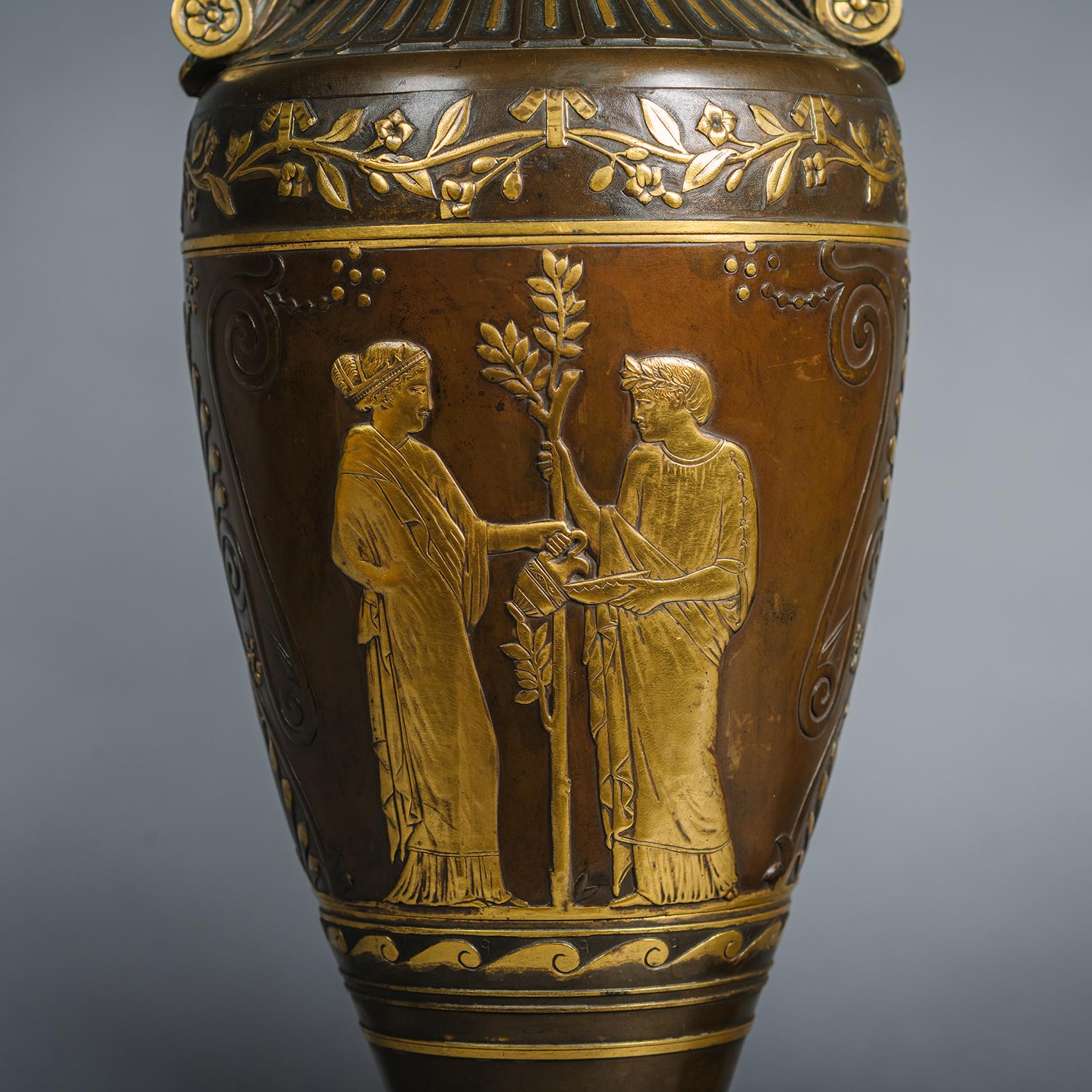 19th Century A Pair of Néo-Grec Parcel-Gilt Patinated Bronze Vases Mounted as Lamps For Sale
