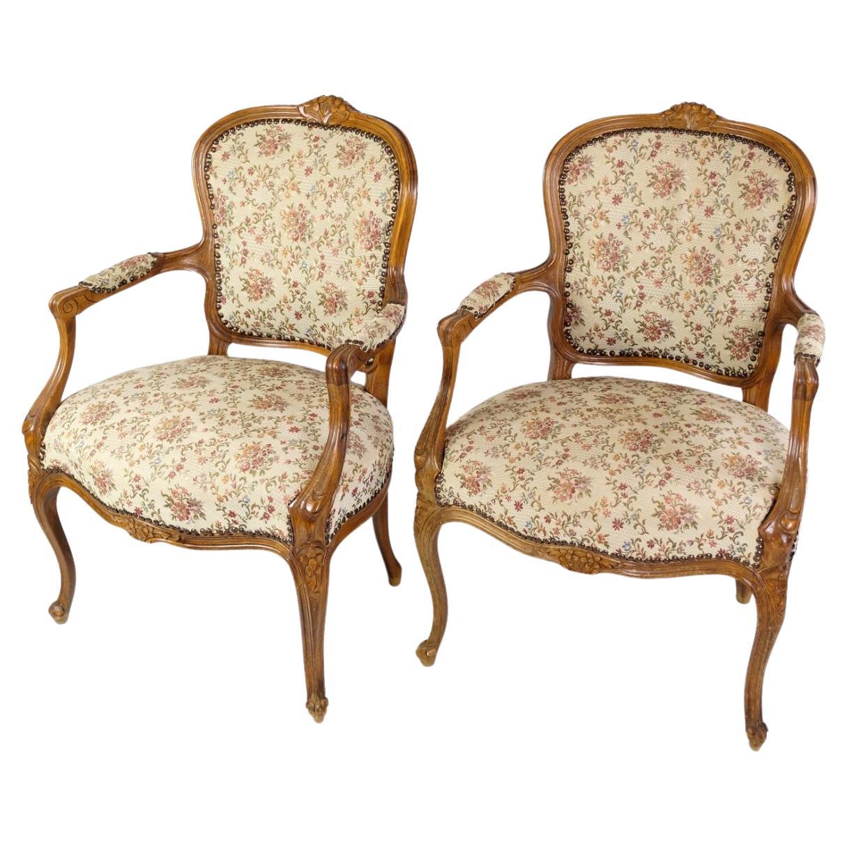 Pair of Neo-Rococo Armchairs Made In Light Wood With Decorated Fabric From 1930s For Sale