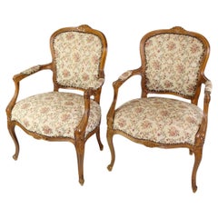 Pair of Neo-Rococo Armchairs Made In Light Wood With Decorated Fabric From 1930s