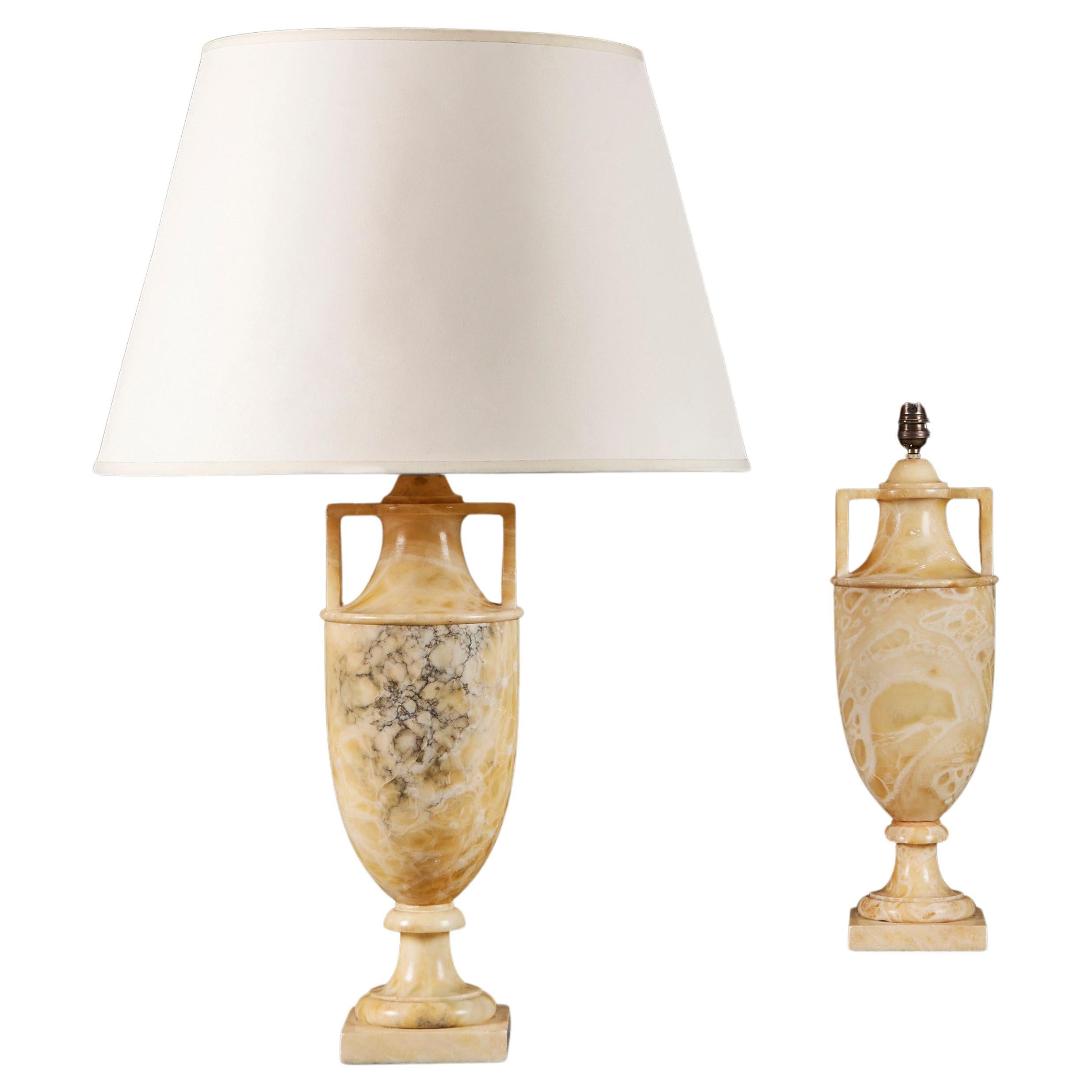 A Pair of Neoclassical Honey Onyx Urn Lamps 