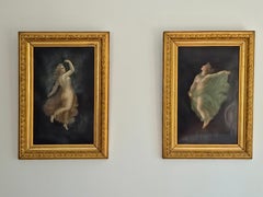 A pair of Neoclassical oil painting, dancing nymphes in sheer robes, mid-1800s.