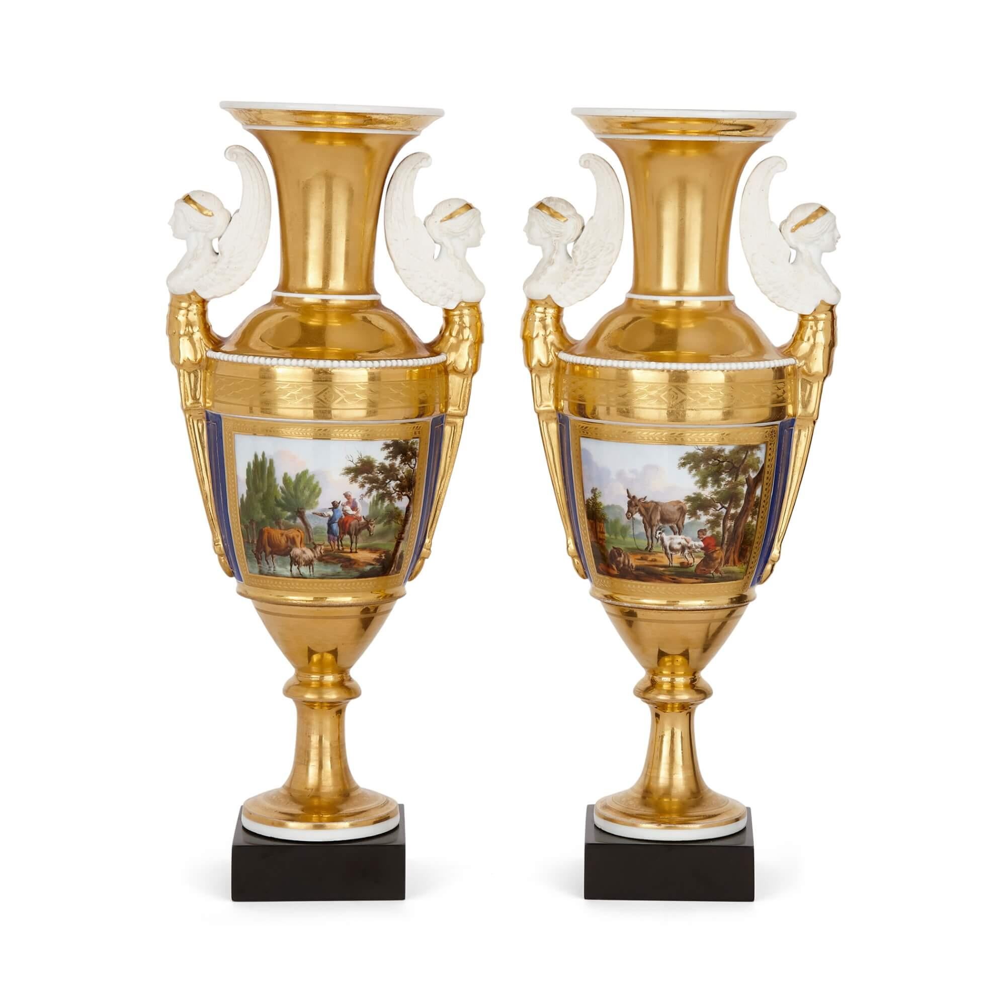 A pair of neoclassical Paris porcelain two-handled oviform vases
French, 19th century
Measures: Height 34.5cm, width 14cm, depth 11cm

This excellent pair of porcelain vases were made by Parisian craftsmen in the nineteenth century, in an