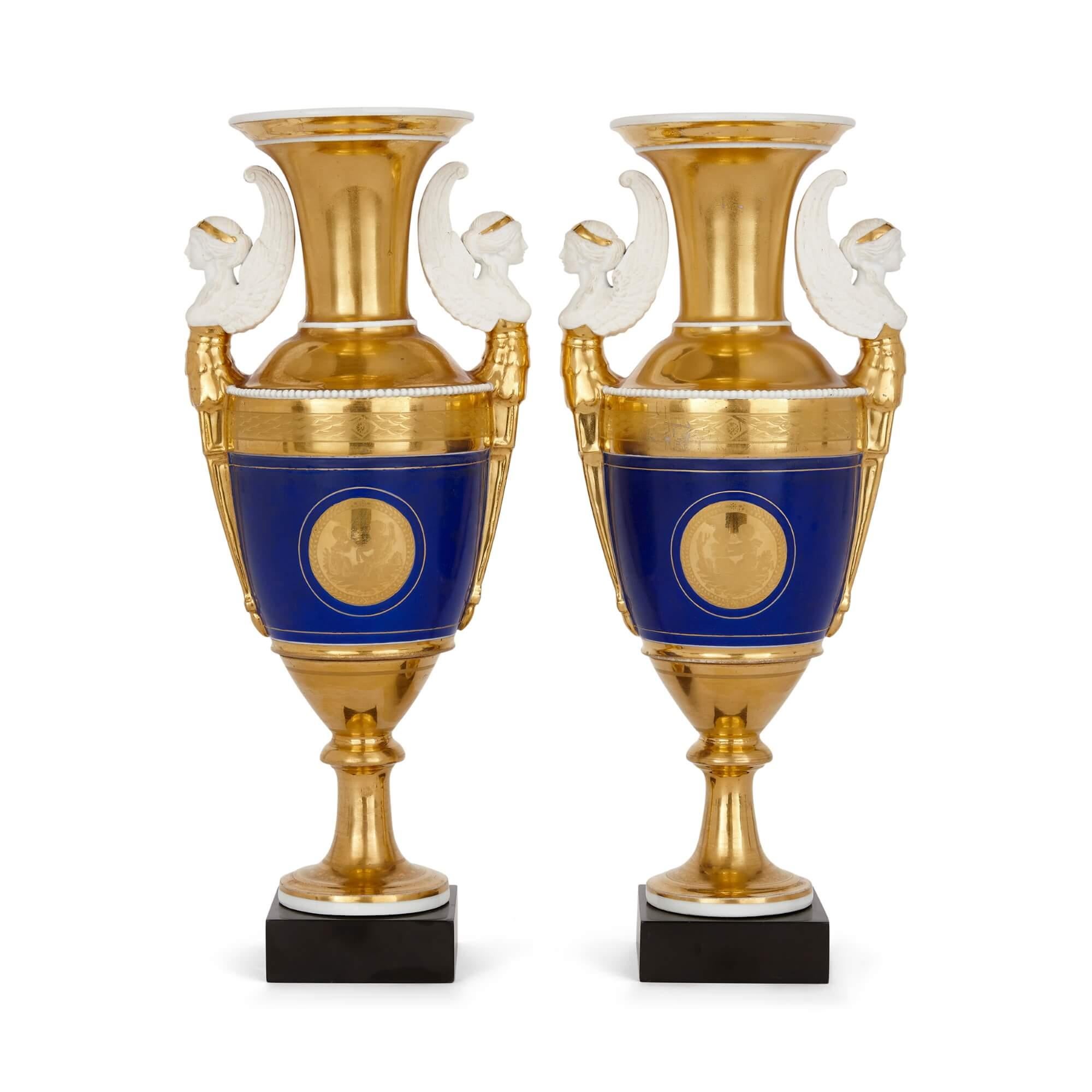 French Pair of Neoclassical Paris Porcelain Two-Handled Oviform Vases