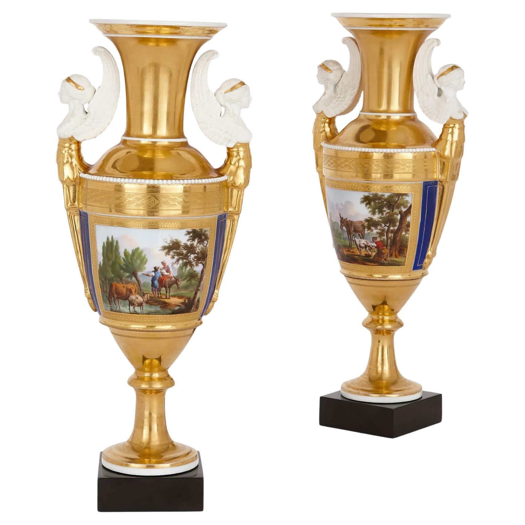 Pair of Neoclassical Paris Porcelain Two-Handled Oviform Vases