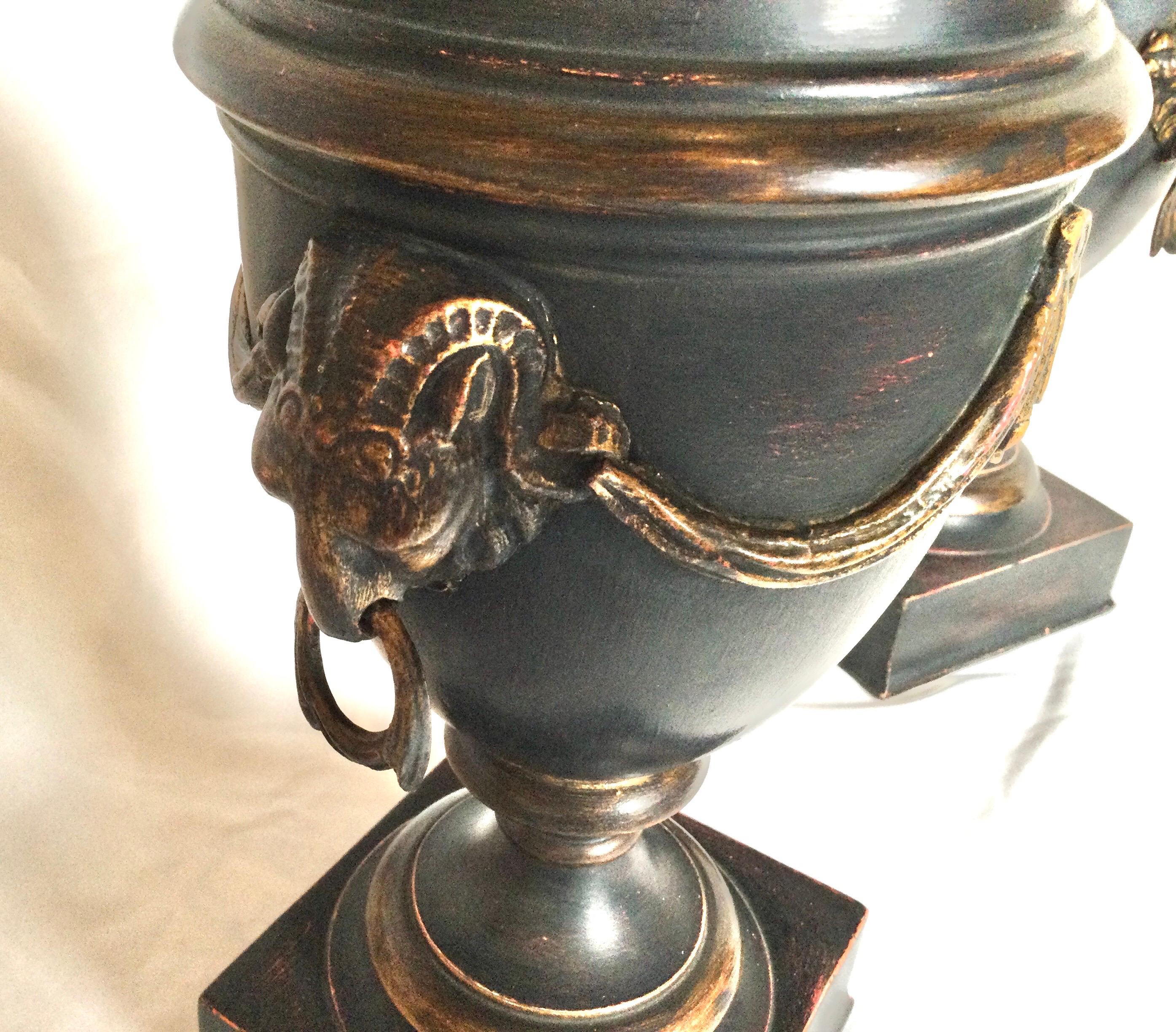Pair of Neoclassical Patinated Urn Lamps 2