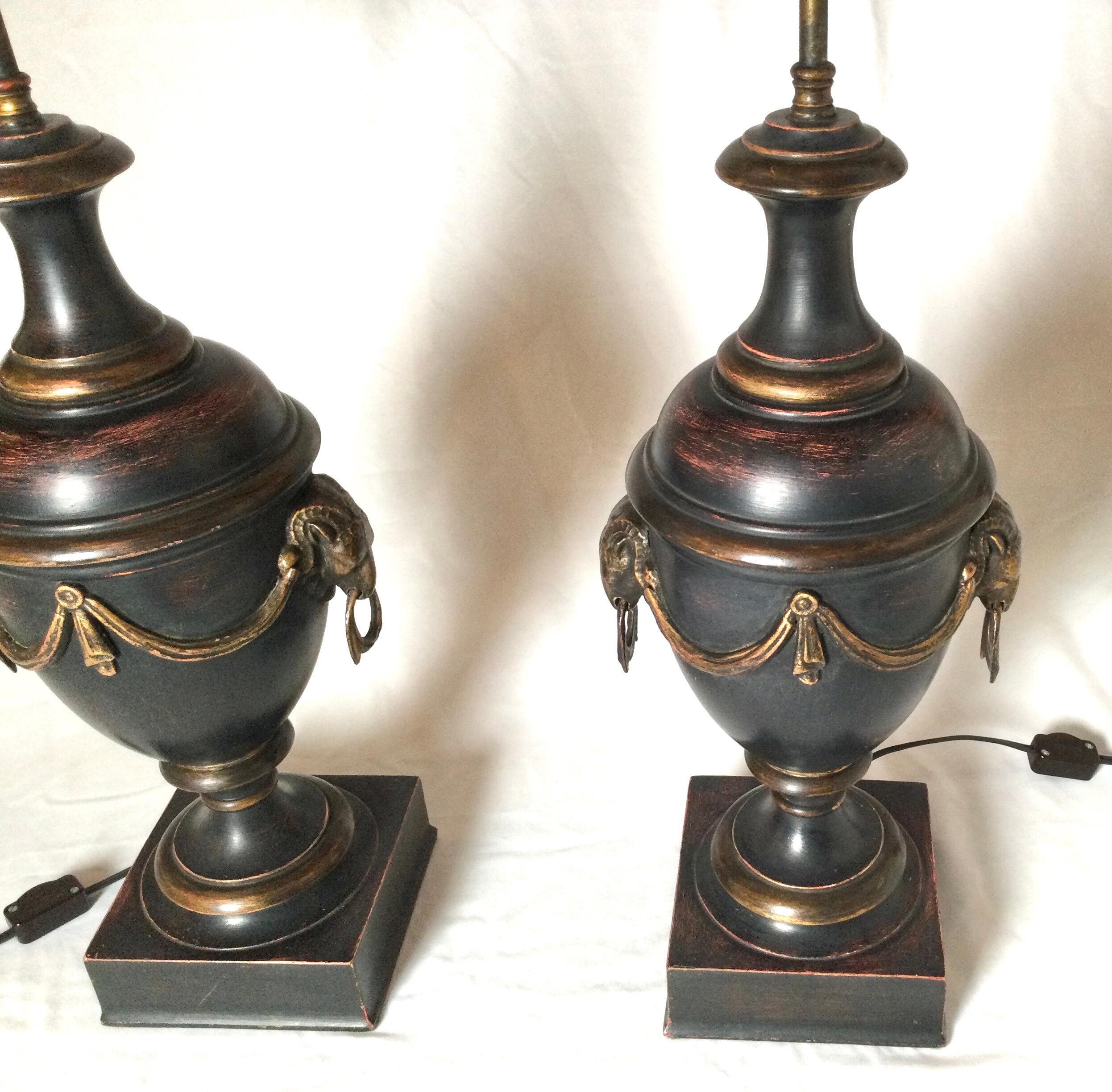 Hand-Painted Pair of Neoclassical Patinated Urn Lamps