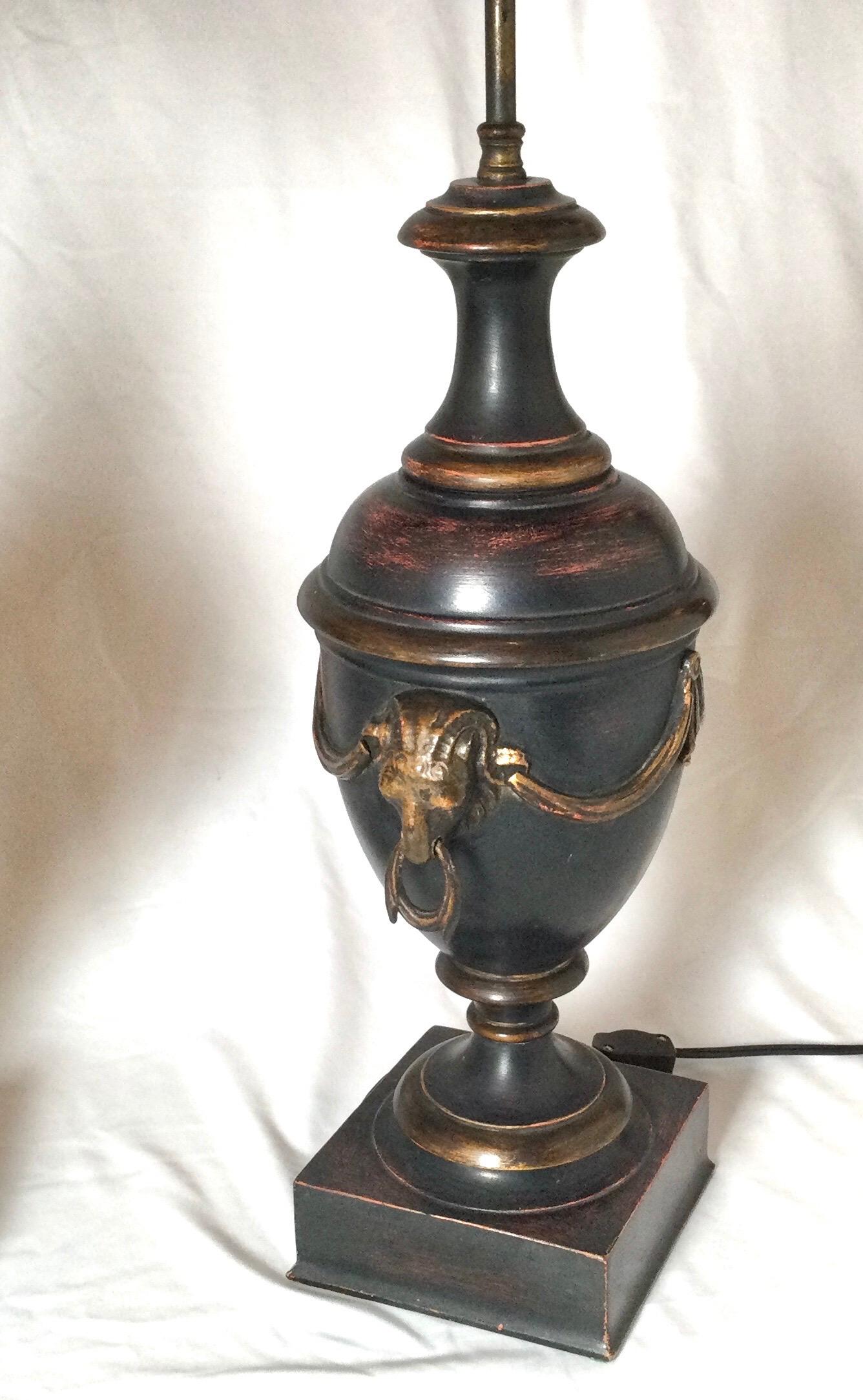 Pair of Neoclassical Patinated Urn Lamps In Good Condition In Lambertville, NJ