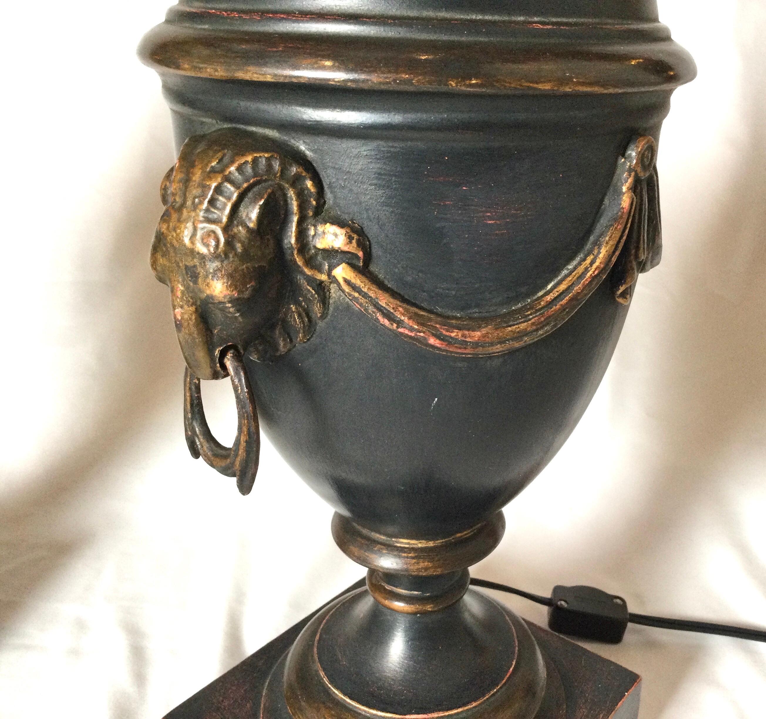 Metal Pair of Neoclassical Patinated Urn Lamps