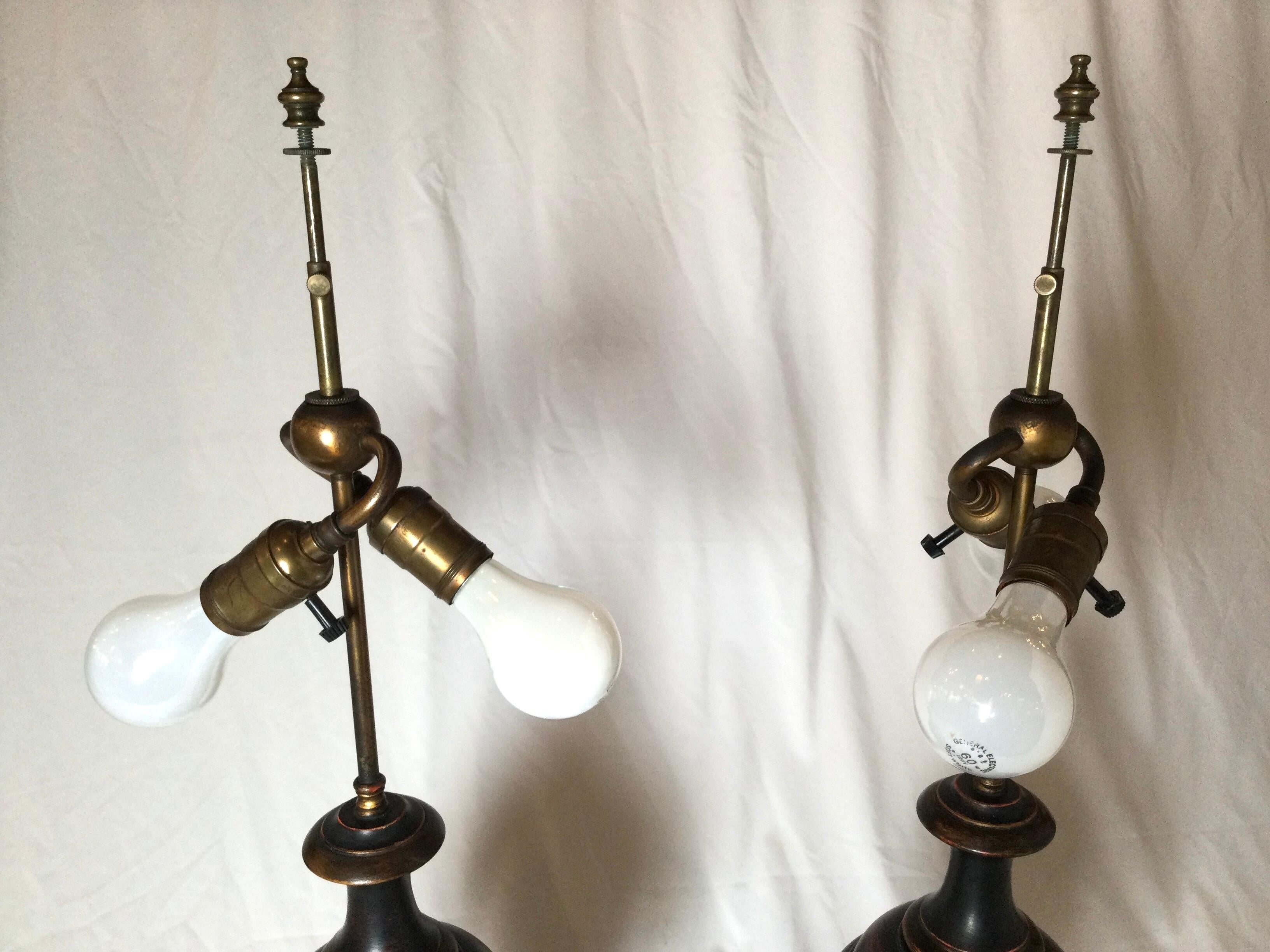Pair of Neoclassical Patinated Urn Lamps 1