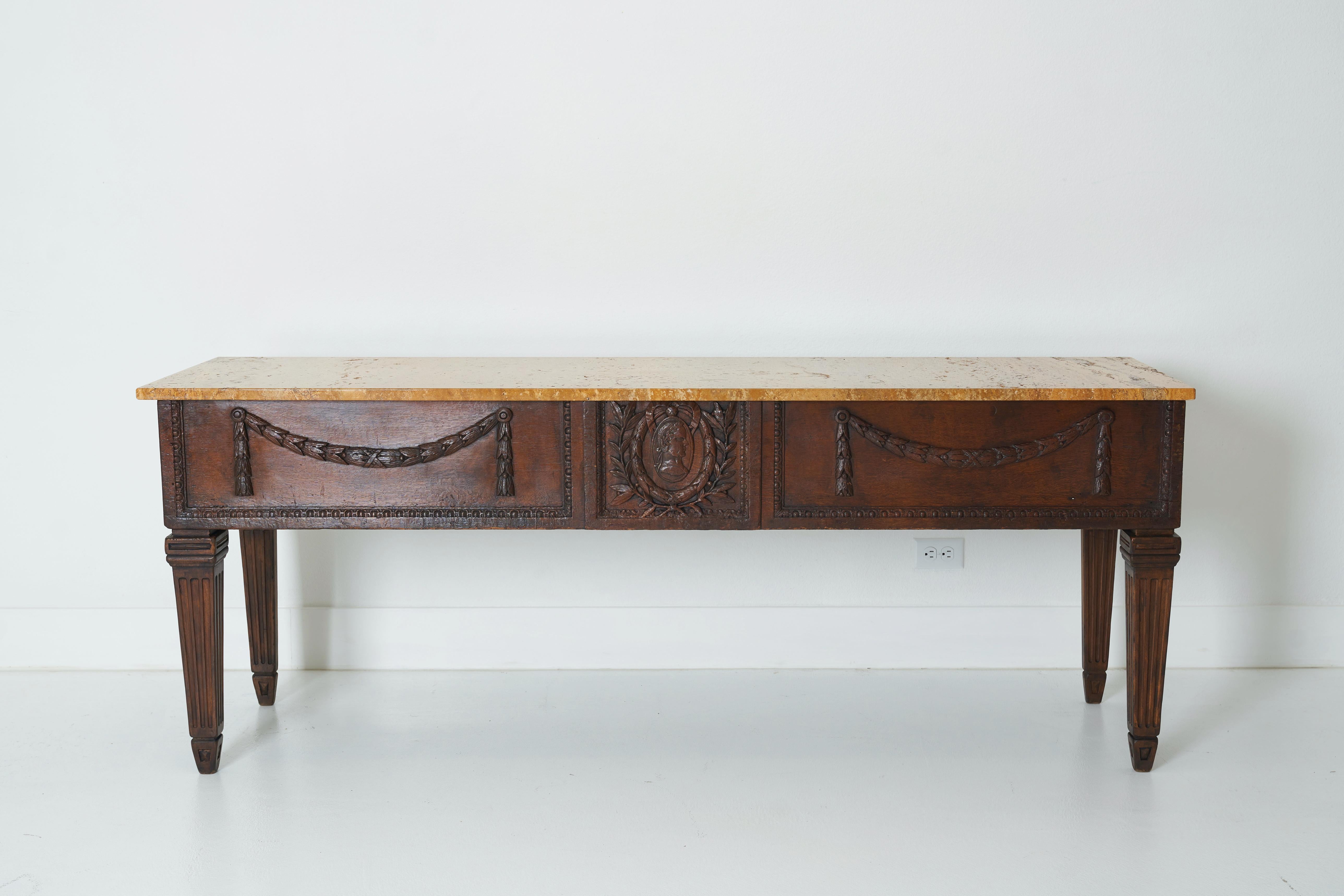 A Pair of Neoclassical Style Consoles with Ocher Travertine Tops by Billy Haines For Sale 4