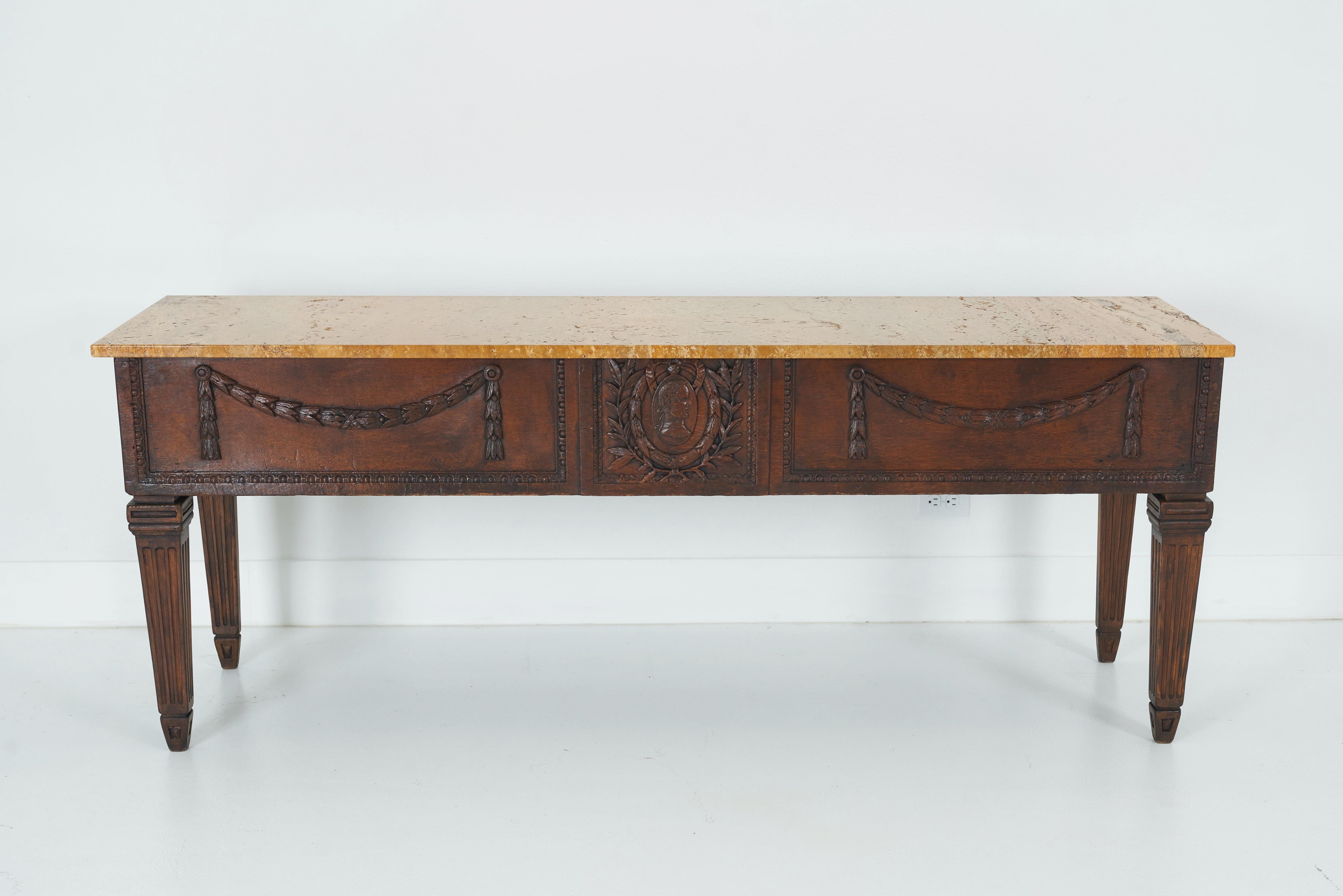 American A Pair of Neoclassical Style Consoles with Ocher Travertine Tops by Billy Haines For Sale