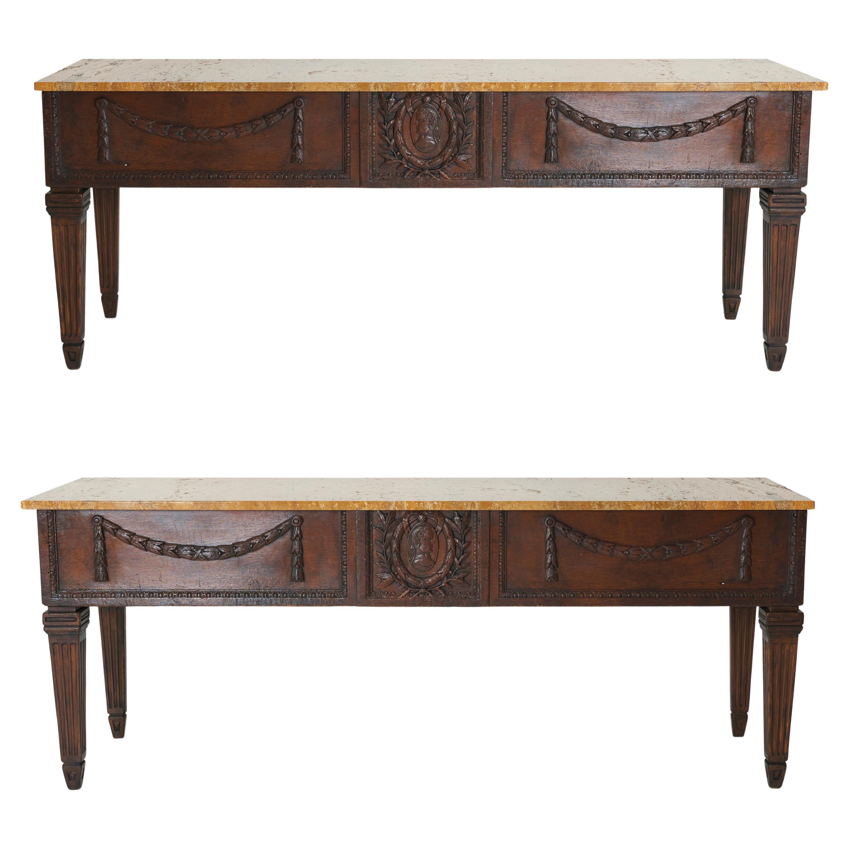 A Pair of Neoclassical Style Consoles with Ocher Travertine Tops by Billy Haines