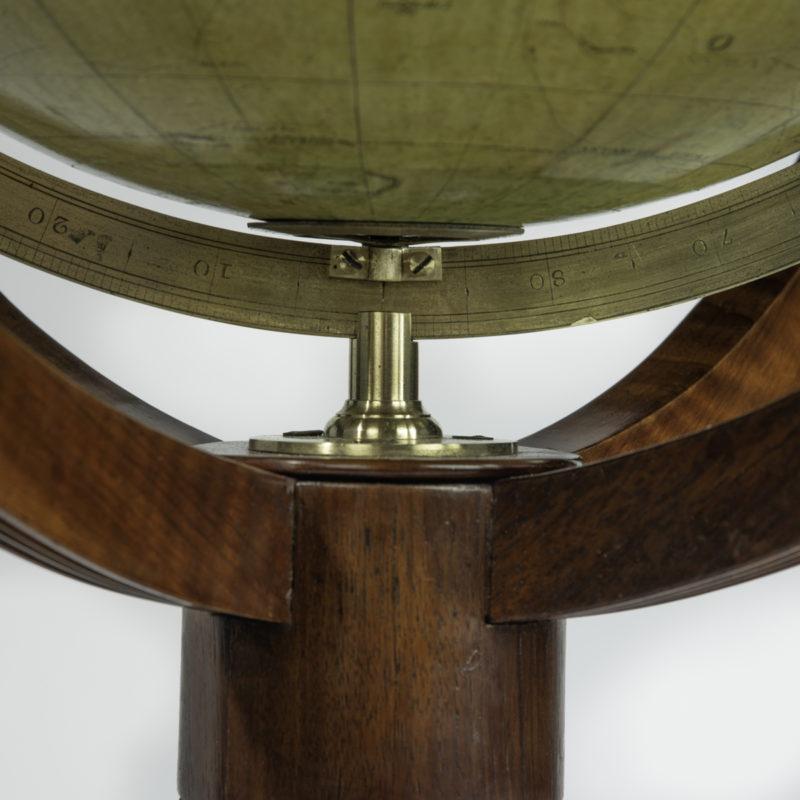 Each of these globes is set into a walnut stand with burr walnut veneers to the frieze and a solid turned and gadrooned walnut bluster support.  This is raised on three acanthus carved C-curve legs centred on compass roses (replaced).  The sharply