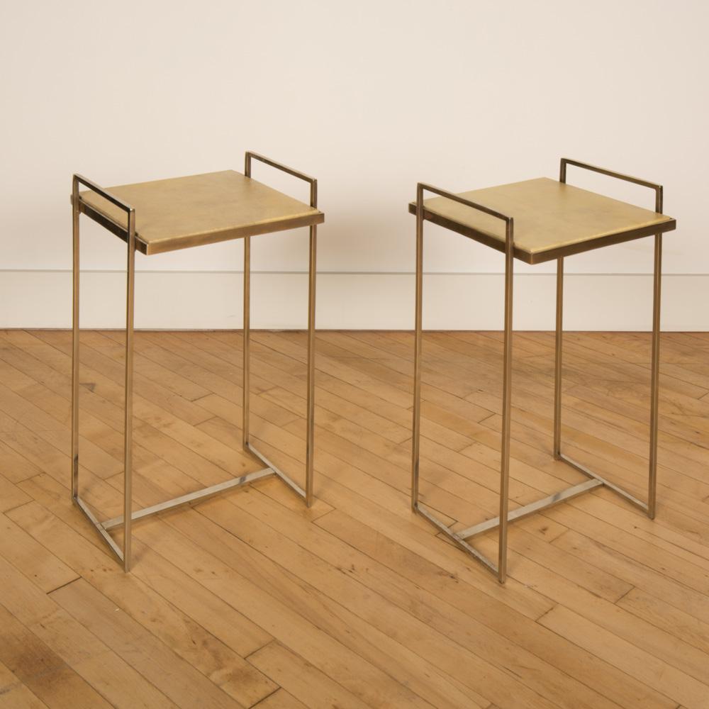 Pair of Nickel over Iron Drinks Tables with Parchment Tops, Contemporary 1
