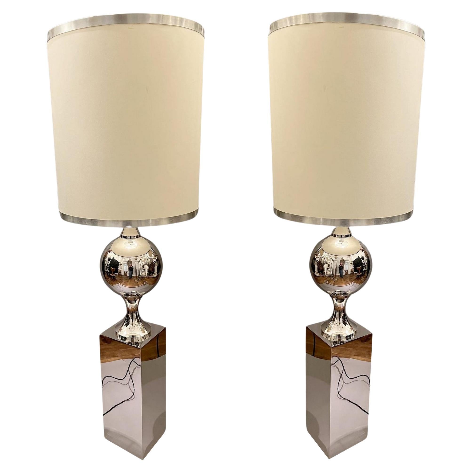 A pair of nickel-plated brass floor lamps by Philippe Barbier France circa 1970 For Sale